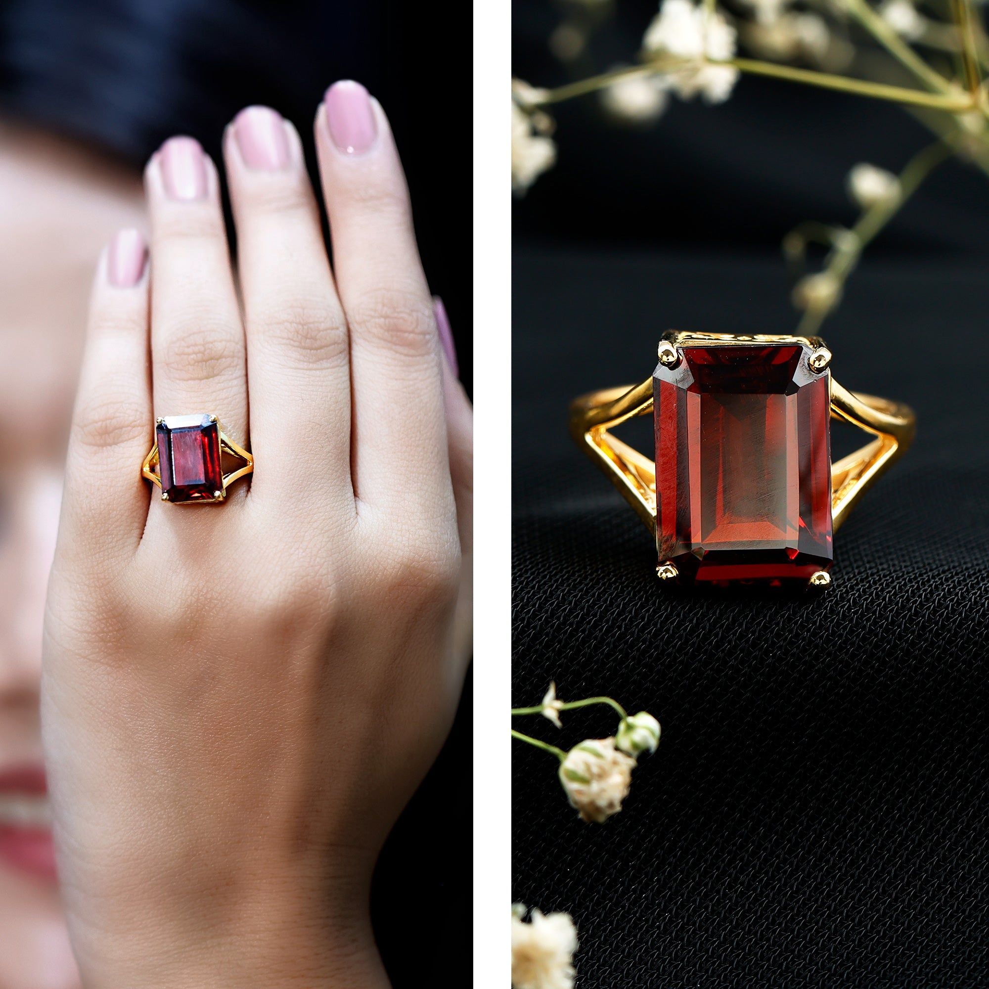 Certified 9 Carat Lab Grown Garnet Emerald Cut Engagement Ring with Split Shank AAAA 14K Yellow Gold Plated Silver - Rosec Jewels