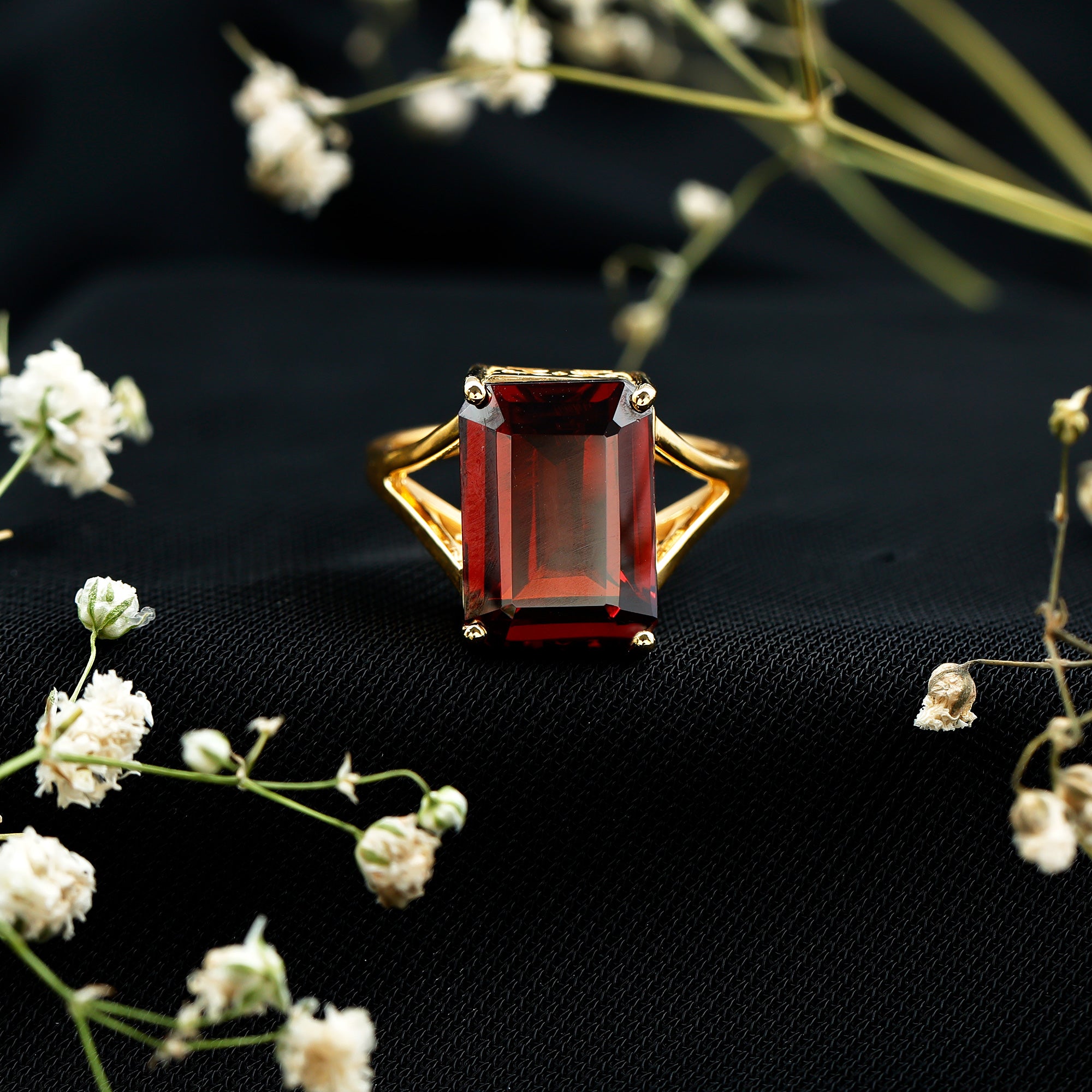 Certified 9 Carat Lab Grown Garnet Emerald Cut Engagement Ring with Split Shank AAAA 14K Yellow Gold Plated Silver - Rosec Jewels