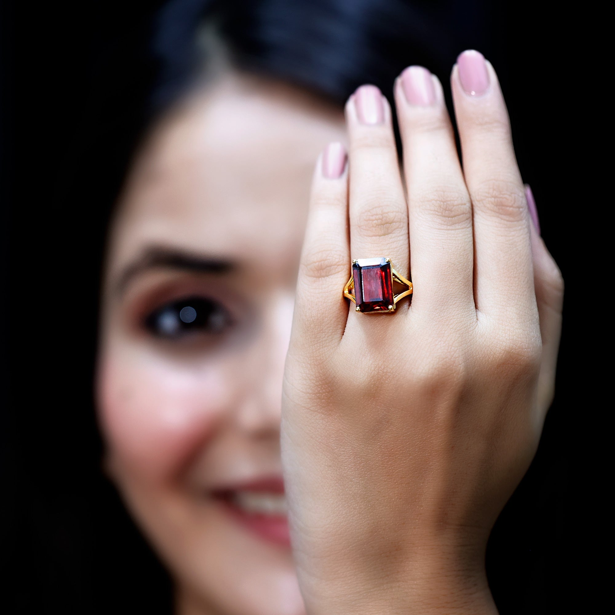 Certified 9 Carat Lab Grown Garnet Emerald Cut Engagement Ring with Split Shank AAAA 14K Yellow Gold Plated Silver - Rosec Jewels