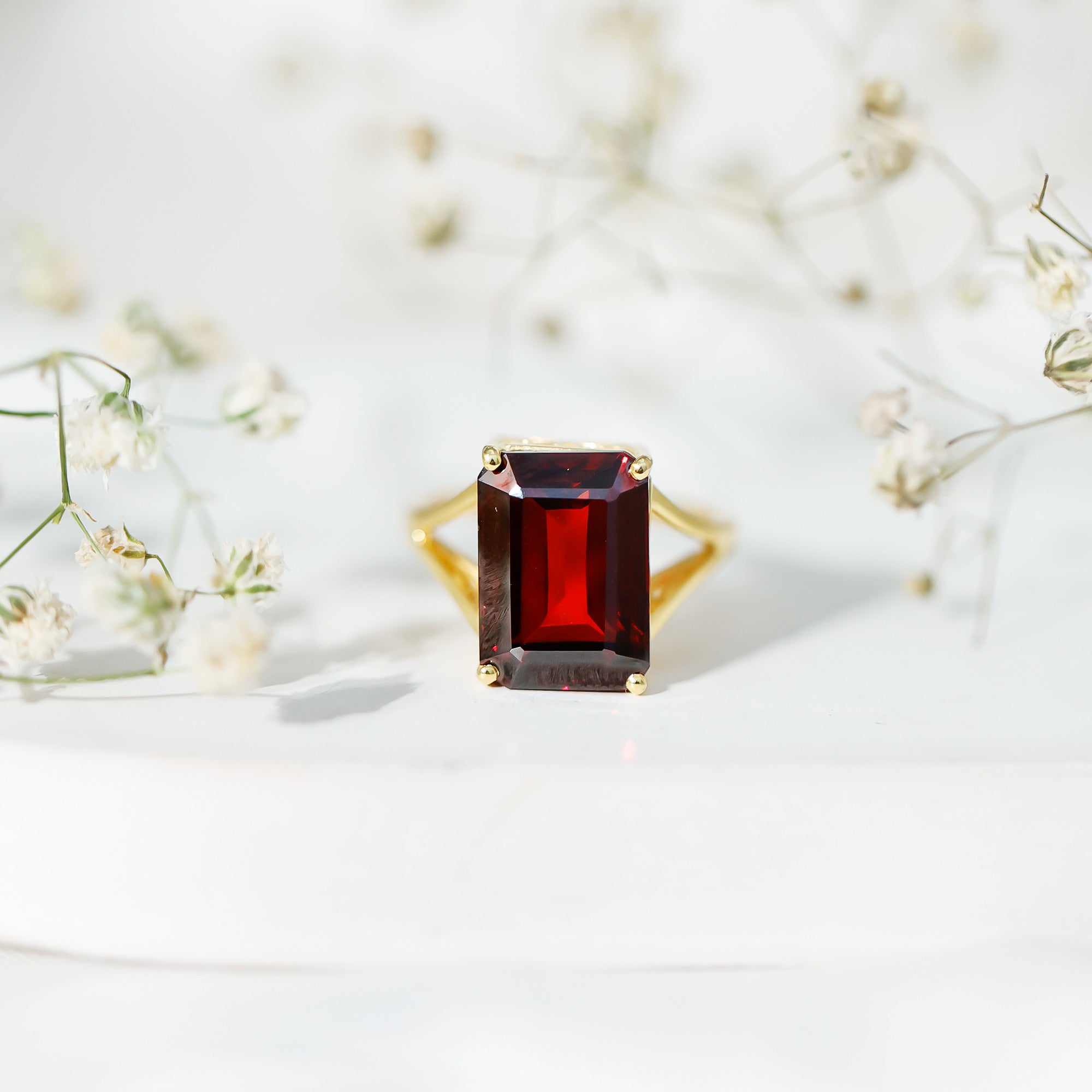 Certified 9 Carat Lab Grown Garnet Emerald Cut Engagement Ring with Split Shank AAAA 14K Yellow Gold Plated Silver - Rosec Jewels