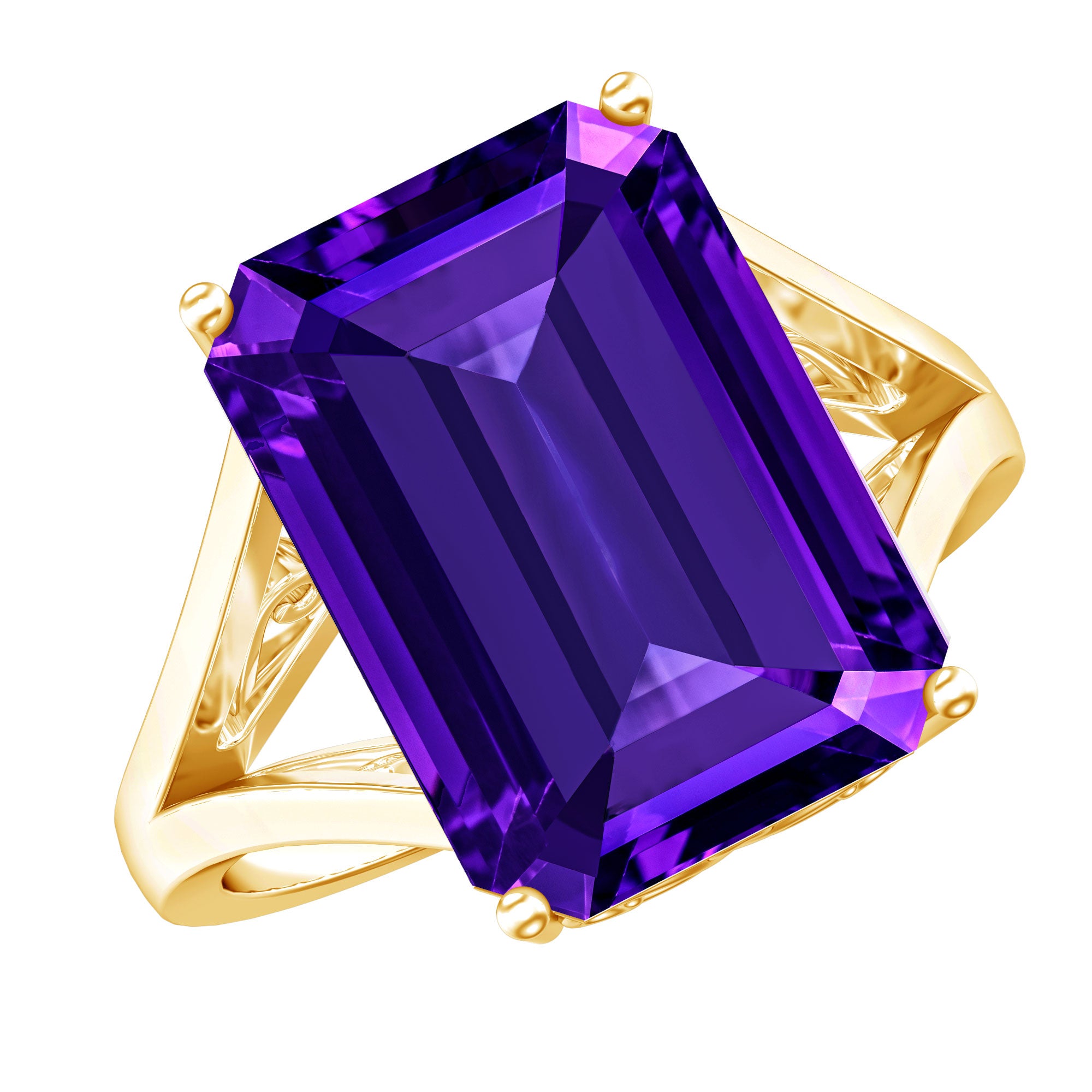 Certified 9 Carat Emerald Cut Lab Grown Amethyst Engagement Ring AAAA 14K Yellow Gold Plated Silver - Rosec Jewels