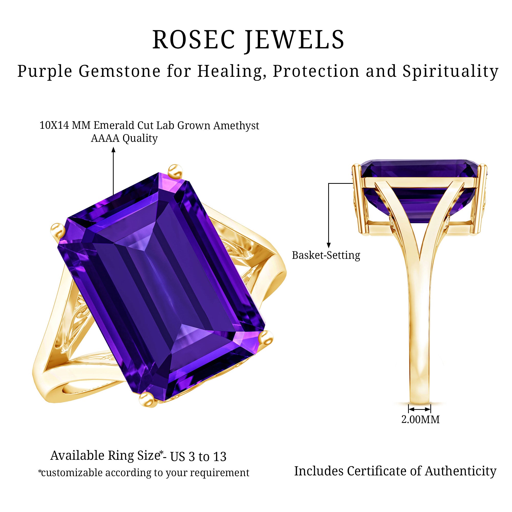 Certified 9 Carat Emerald Cut Lab Grown Amethyst Engagement Ring AAAA 14K Yellow Gold Plated Silver - Rosec Jewels