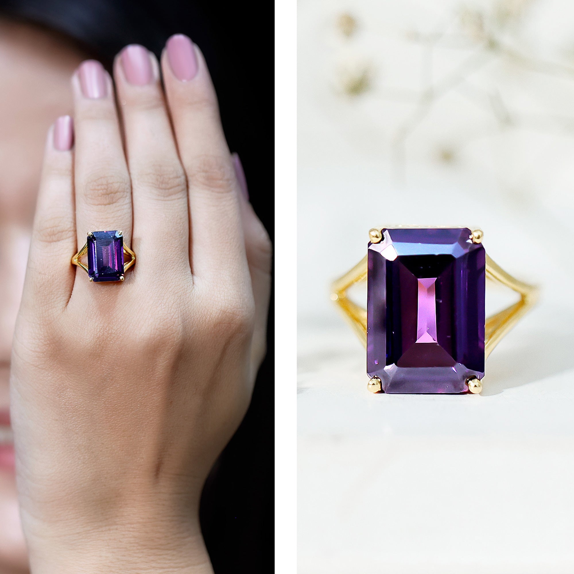 Certified 9 Carat Emerald Cut Lab Grown Amethyst Engagement Ring AAAA 14K Yellow Gold Plated Silver - Rosec Jewels