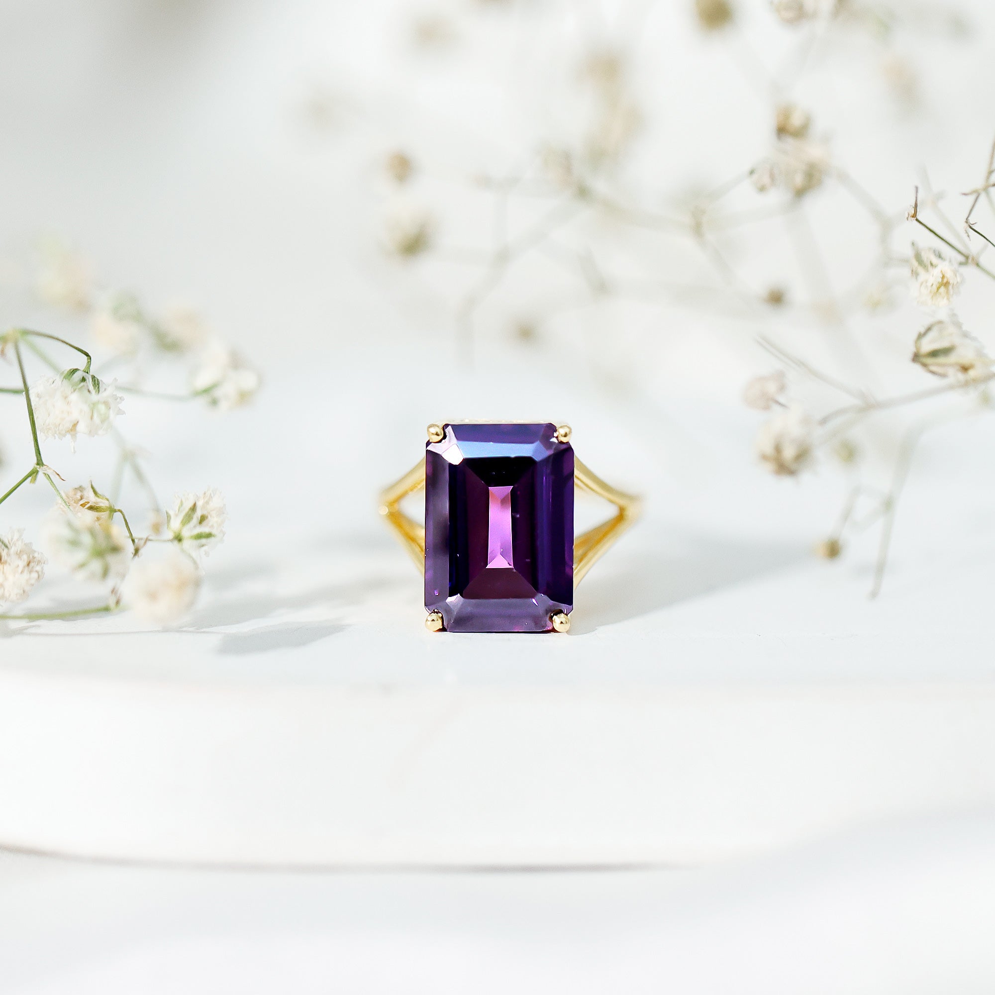 Certified 9 Carat Emerald Cut Lab Grown Amethyst Engagement Ring AAAA 14K Yellow Gold Plated Silver - Rosec Jewels