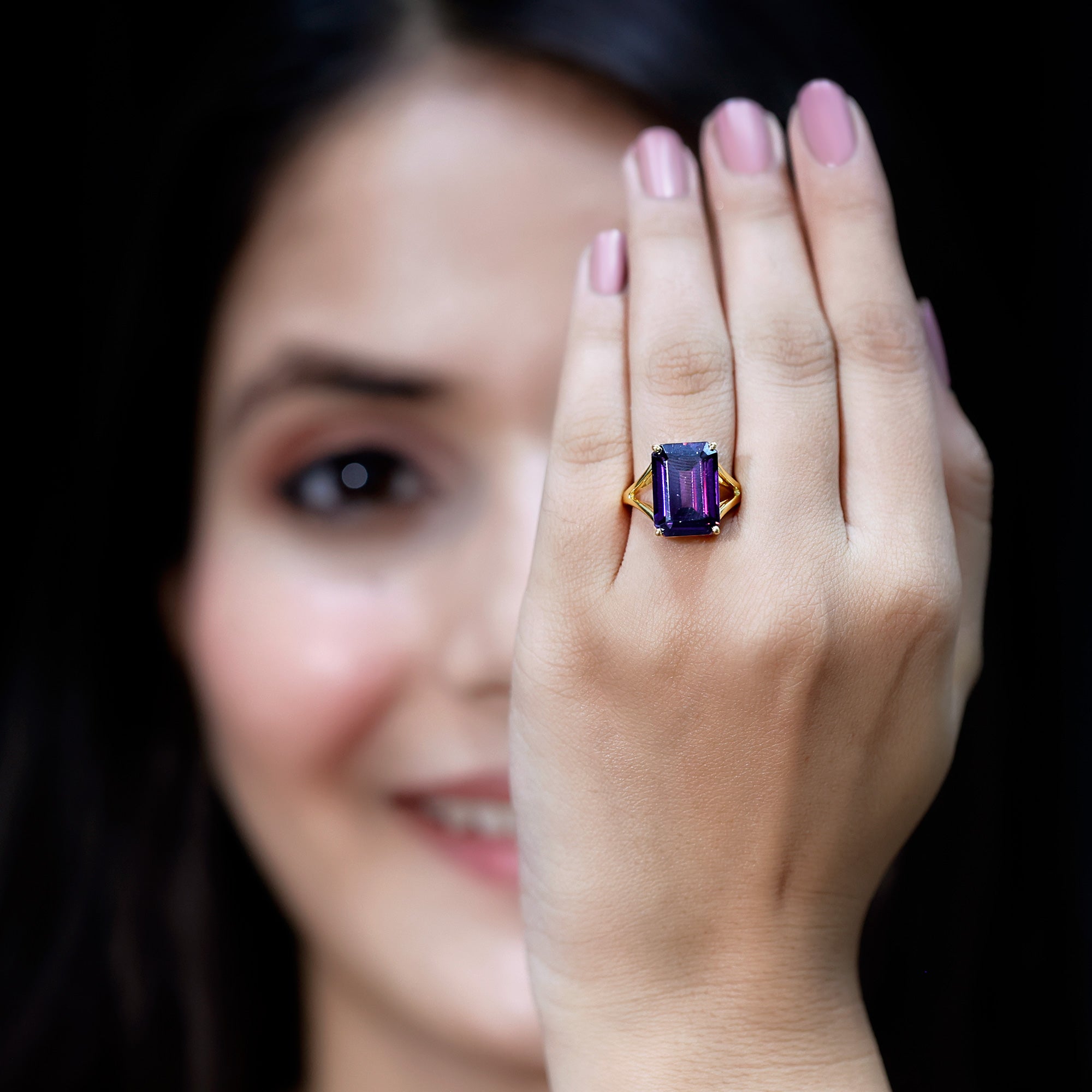 Certified 9 Carat Emerald Cut Lab Grown Amethyst Engagement Ring AAAA 14K Yellow Gold Plated Silver - Rosec Jewels