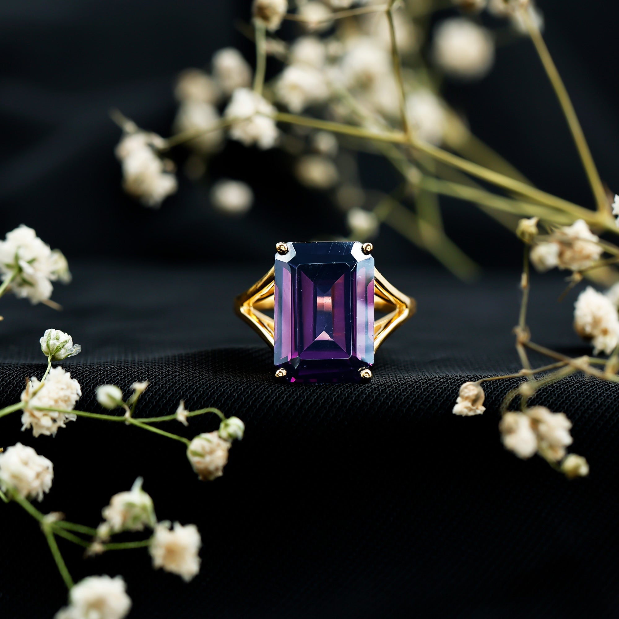 Certified 9 Carat Emerald Cut Lab Grown Amethyst Engagement Ring AAAA 14K Yellow Gold Plated Silver - Rosec Jewels