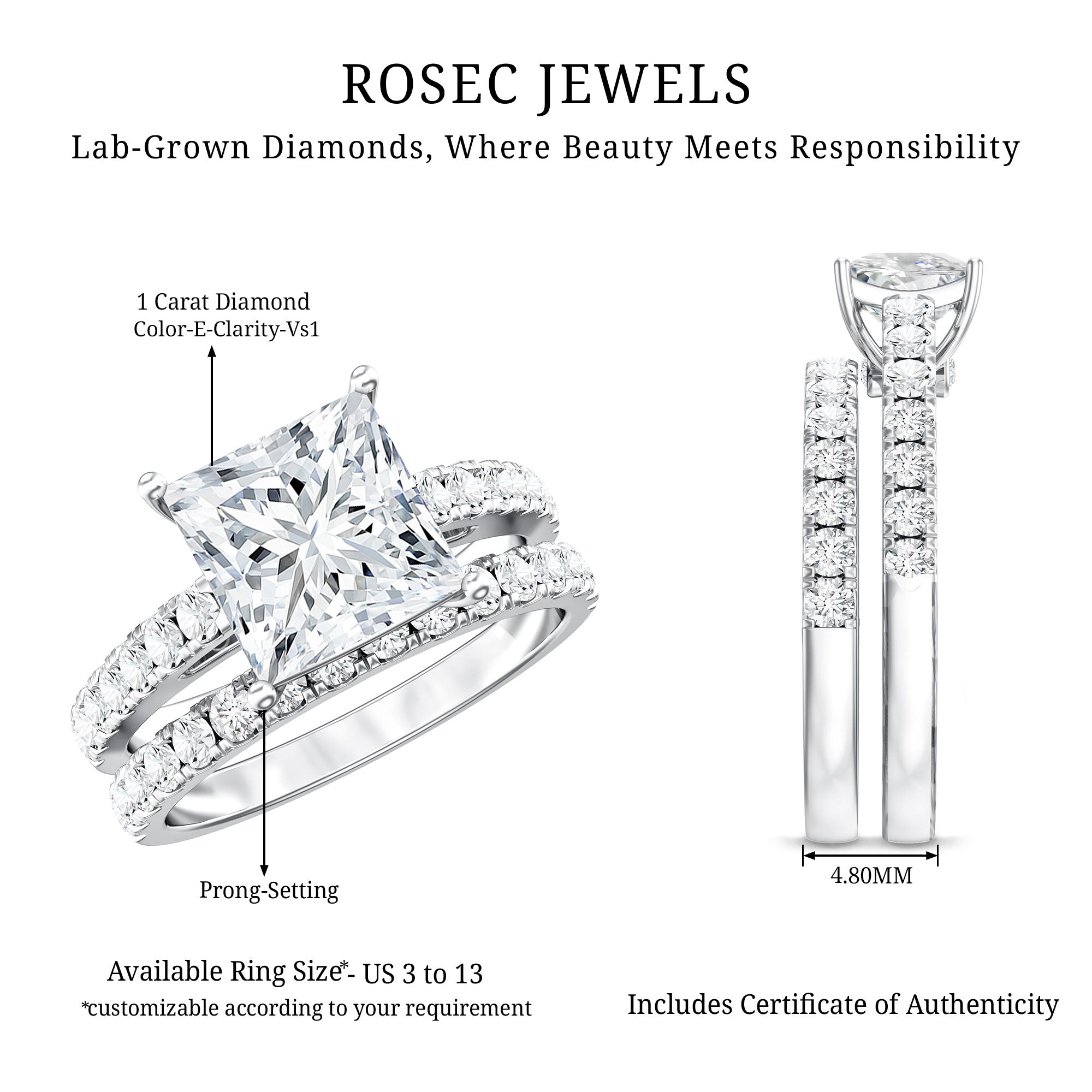 IGI Certified 1 Carat Lab Grown Diamond Princess Cut Engagement Ring with Band Lab - ( E-VS1 ) - Rosec Jewels
