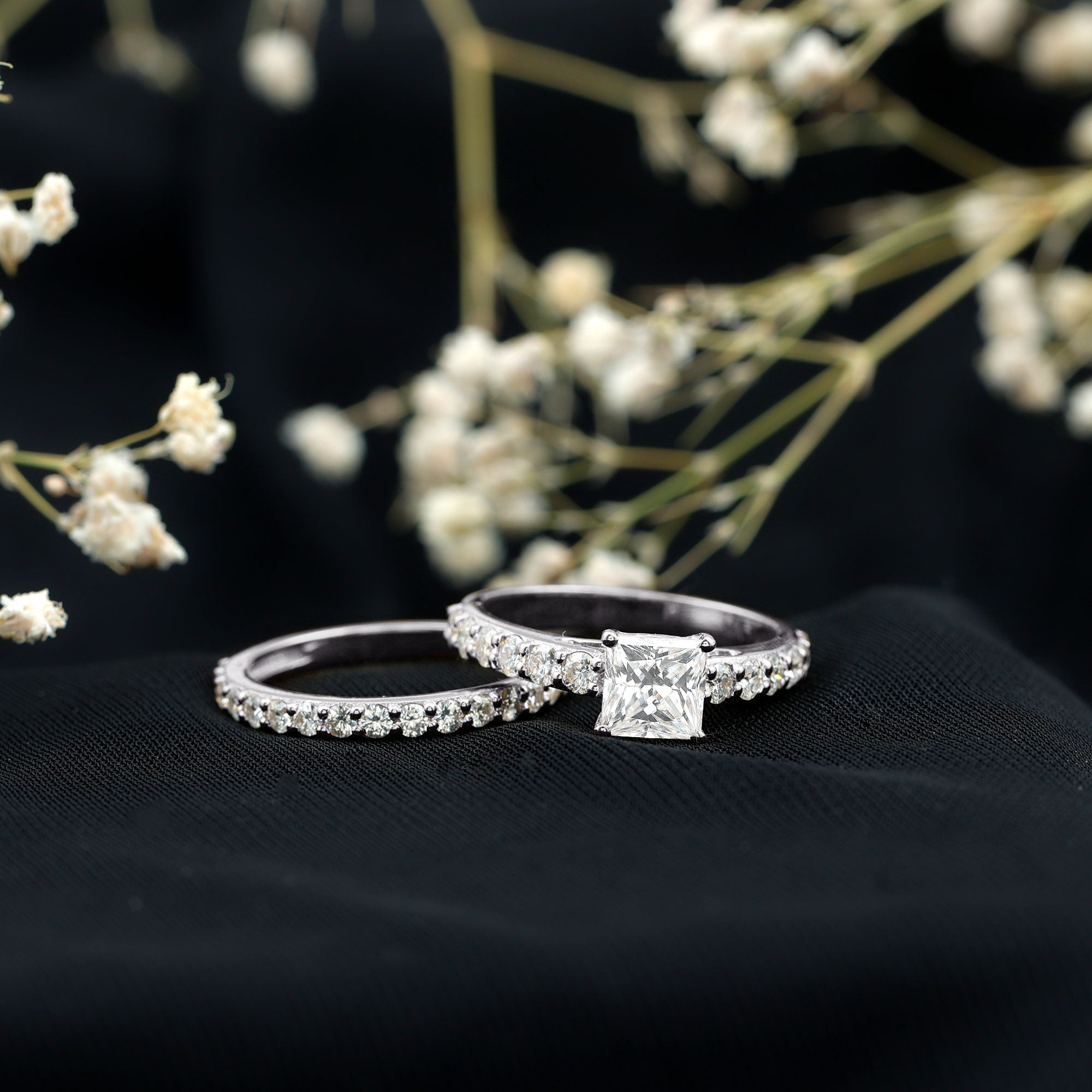 IGI Certified 1 Carat Lab Grown Diamond Princess Cut Engagement Ring with Band Lab - ( EF-VS ) - Rosec Jewels