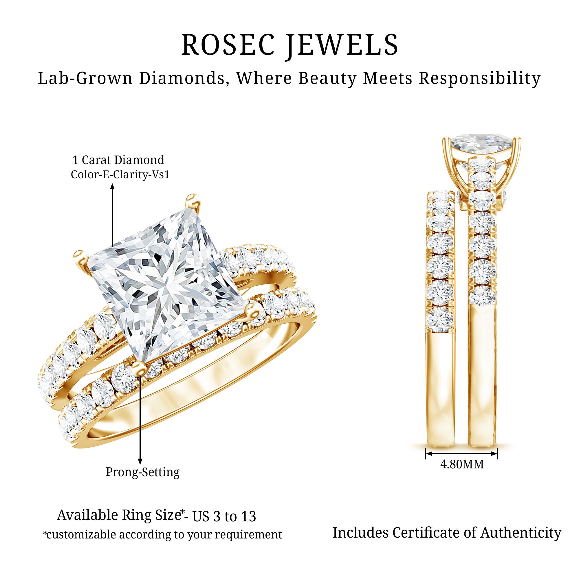 IGI Certified 1 Carat Lab Grown Diamond Princess Cut Engagement Ring with Band Lab - ( E-VS1 ) - Rosec Jewels