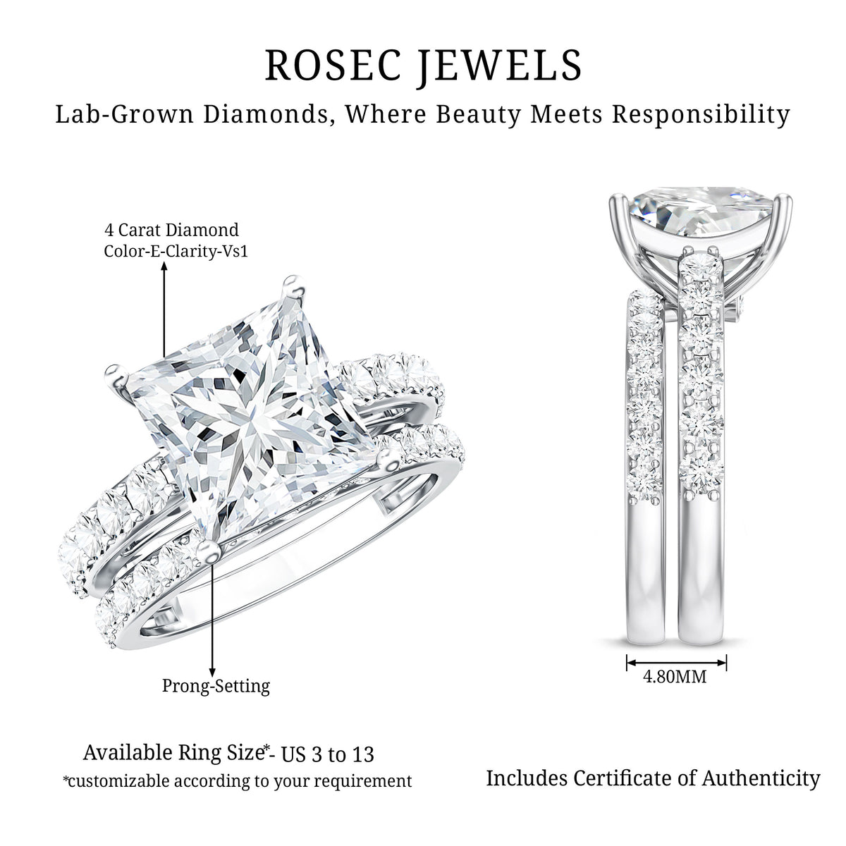 4 Carat IGI Certified Lab Grown Diamond Princess Cut Bridal Ring Set Lab - ( E-VS1 ) - Rosec Jewels