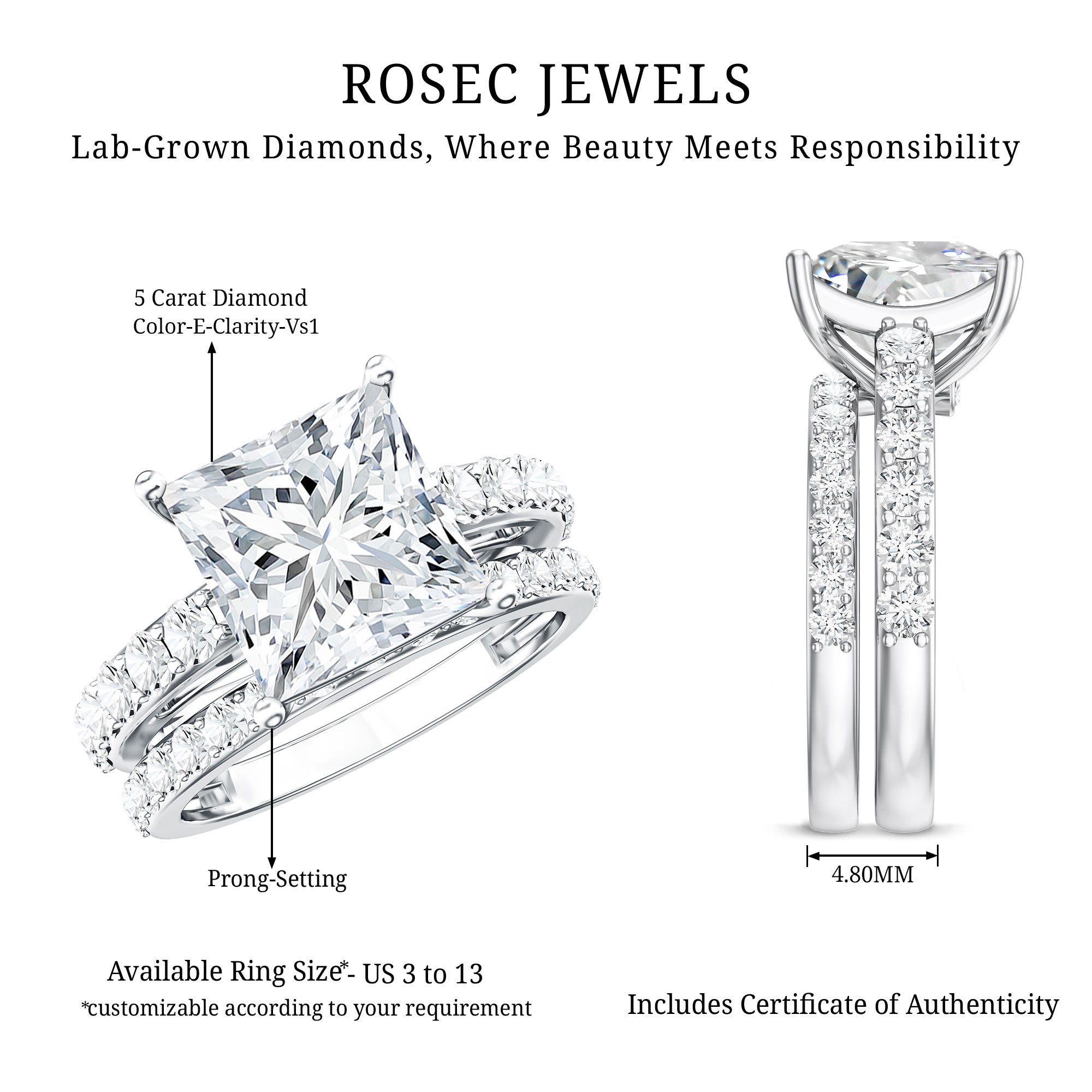 5 Carat IGI Certified Princess Cut Lab Diamond Engagement Ring with Band Lab - ( E-VS1 ) - Rosec Jewels