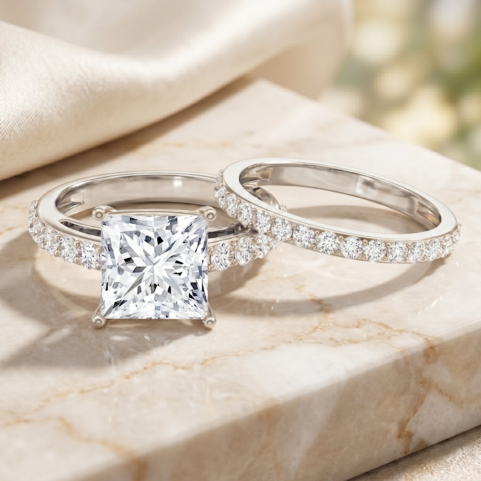 5 Carat IGI Certified Princess Cut Lab Diamond Engagement Ring with Band Lab - ( E-VS1 ) - Rosec Jewels