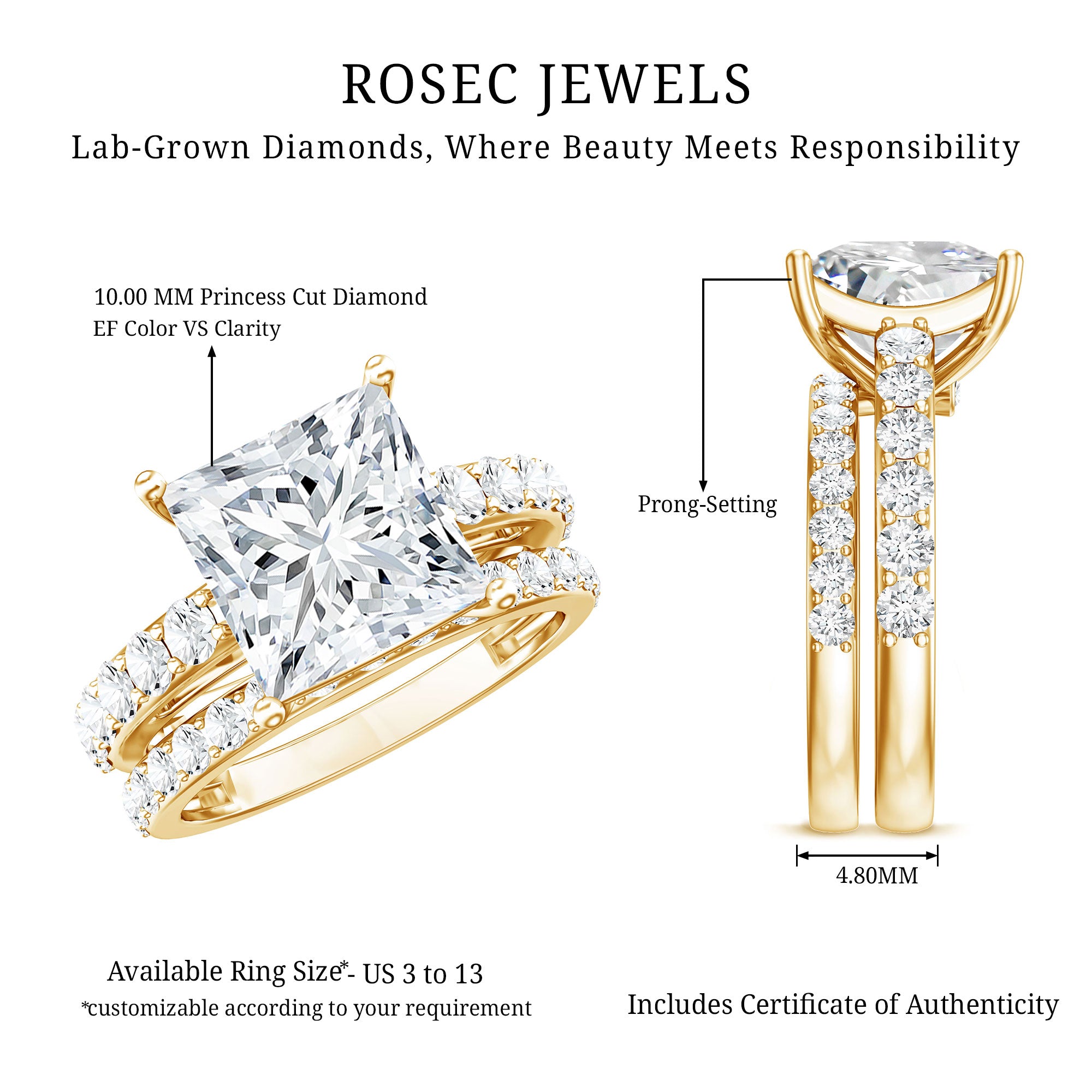 5 Carat IGI Certified Princess Cut Lab Diamond Engagement Ring with Band Lab - ( EF-VS ) - Rosec Jewels