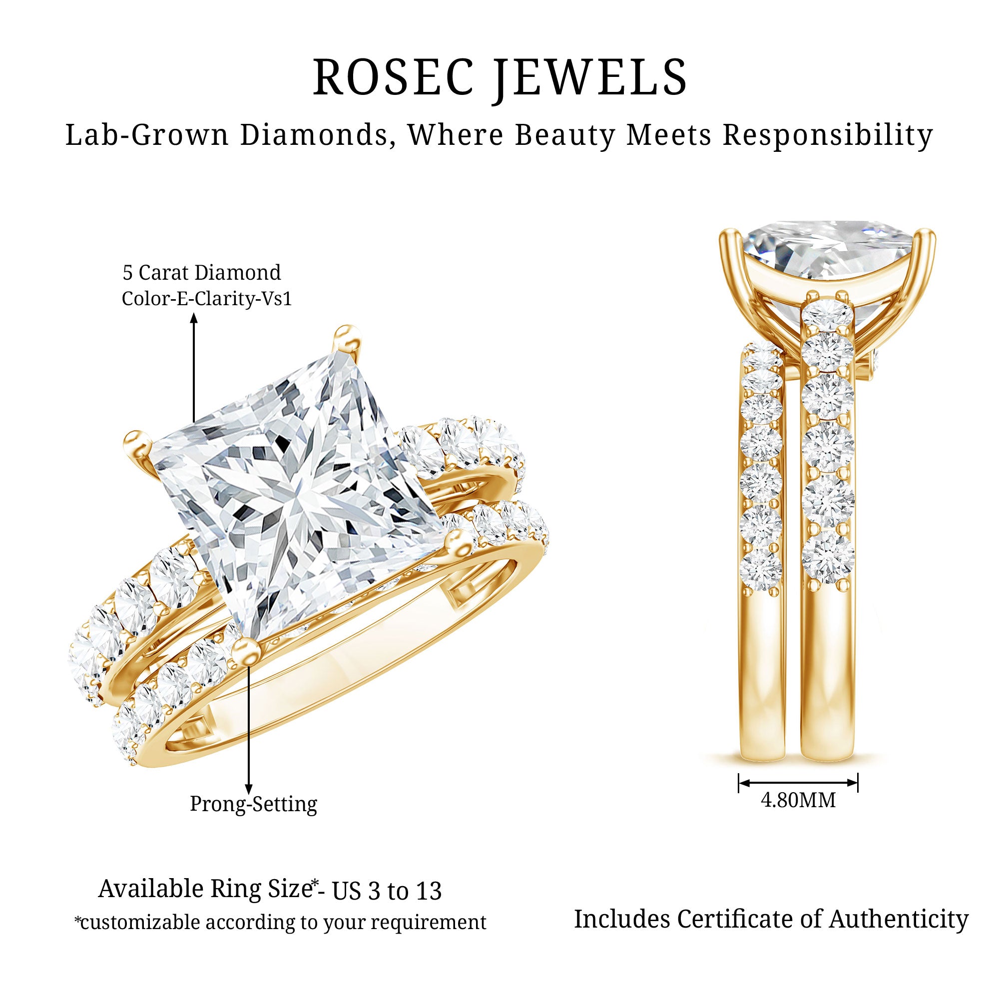 5 Carat IGI Certified Princess Cut Lab Diamond Engagement Ring with Band Lab - ( E-VS1 ) - Rosec Jewels