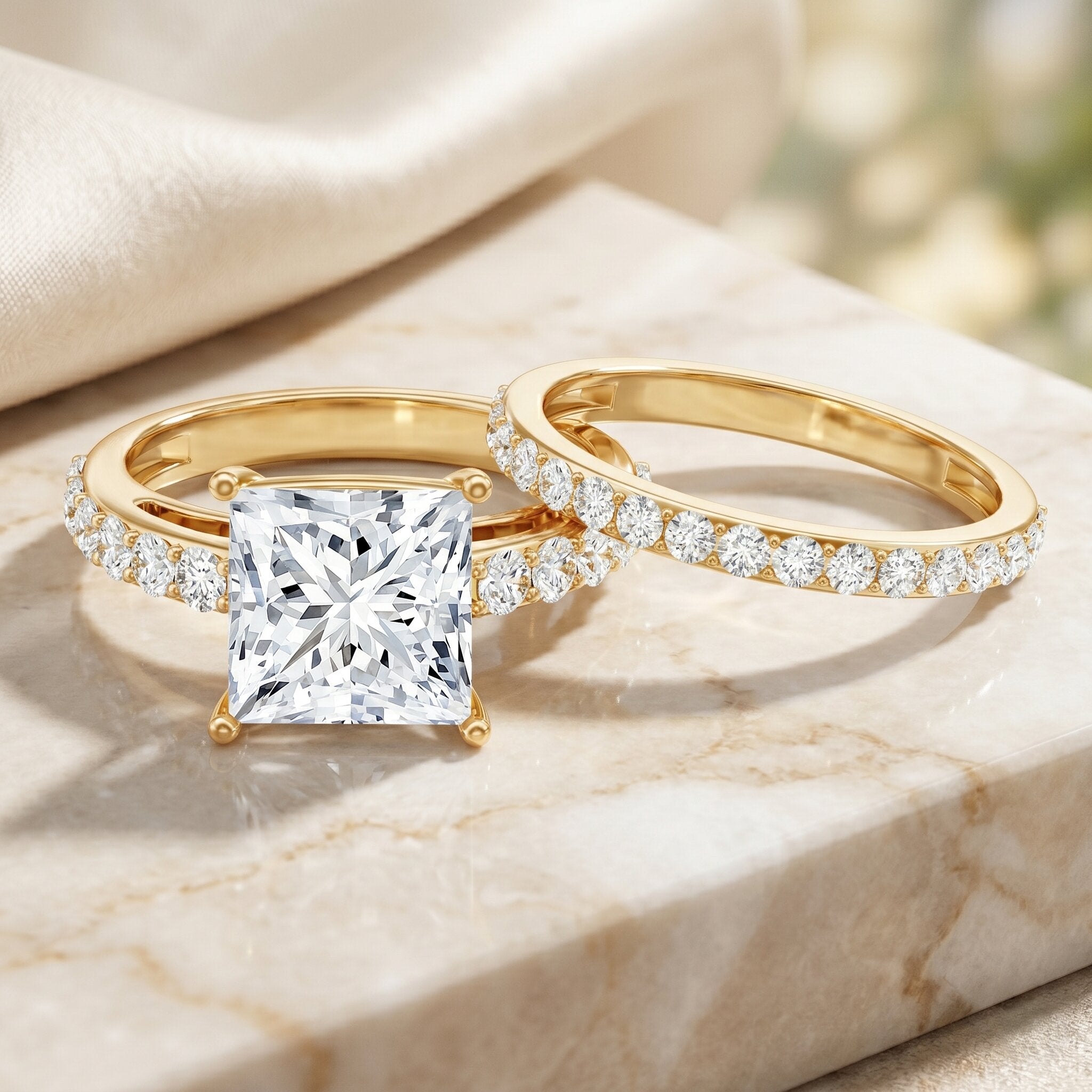 5 Carat IGI Certified Princess Cut Lab Diamond Engagement Ring with Band Lab - ( E-VS1 ) - Rosec Jewels