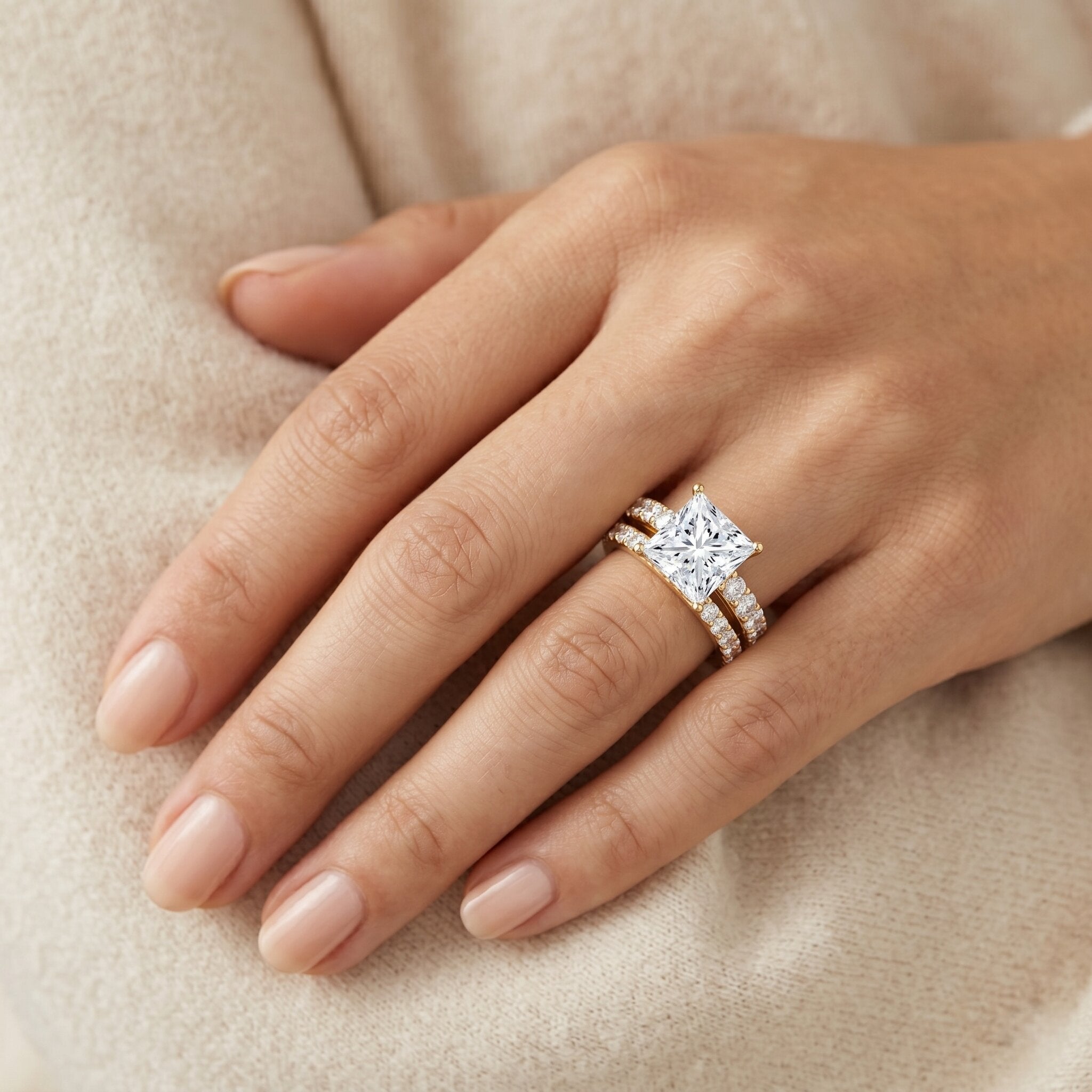 5 Carat IGI Certified Princess Cut Lab Diamond Engagement Ring with Band Lab - ( E-VS1 ) - Rosec Jewels