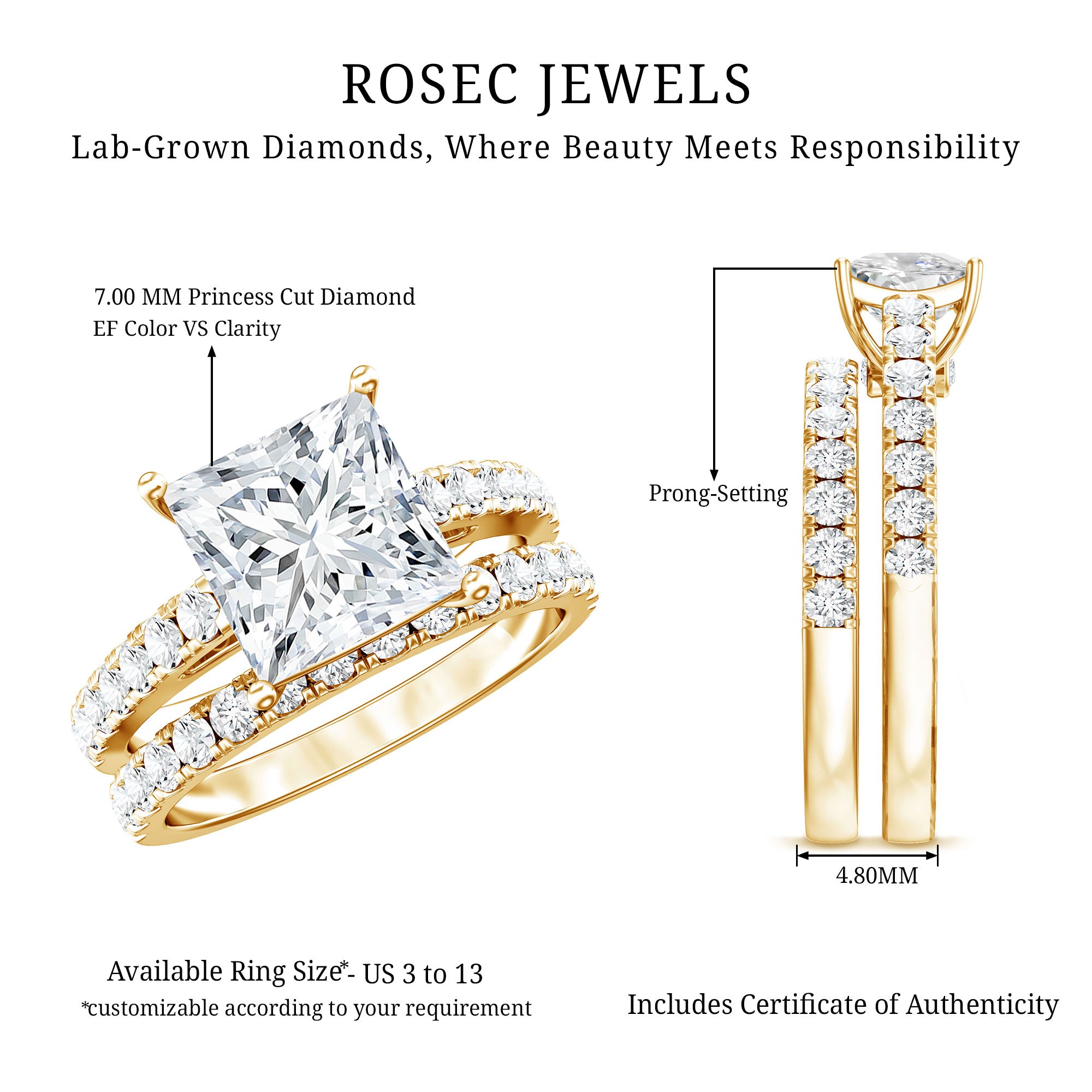IGI Certified 2 Carat Lab Grown Diamond Princess Cut Bridal Ring Set Lab - ( EF-VS ) - Rosec Jewels