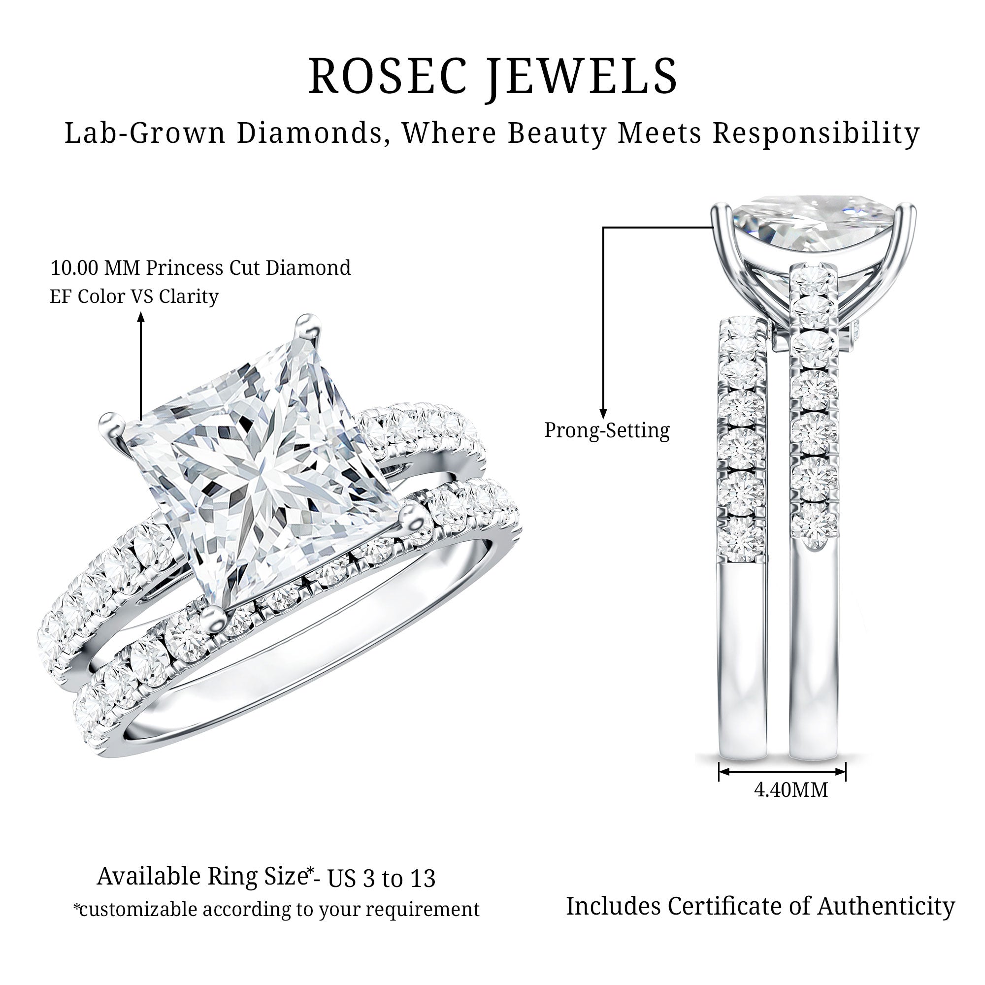 IGI Certified Huge 5 Carat Lab Grown Diamond Engagement Wedding Ring Set Lab - ( EF-VS ) - Rosec Jewels