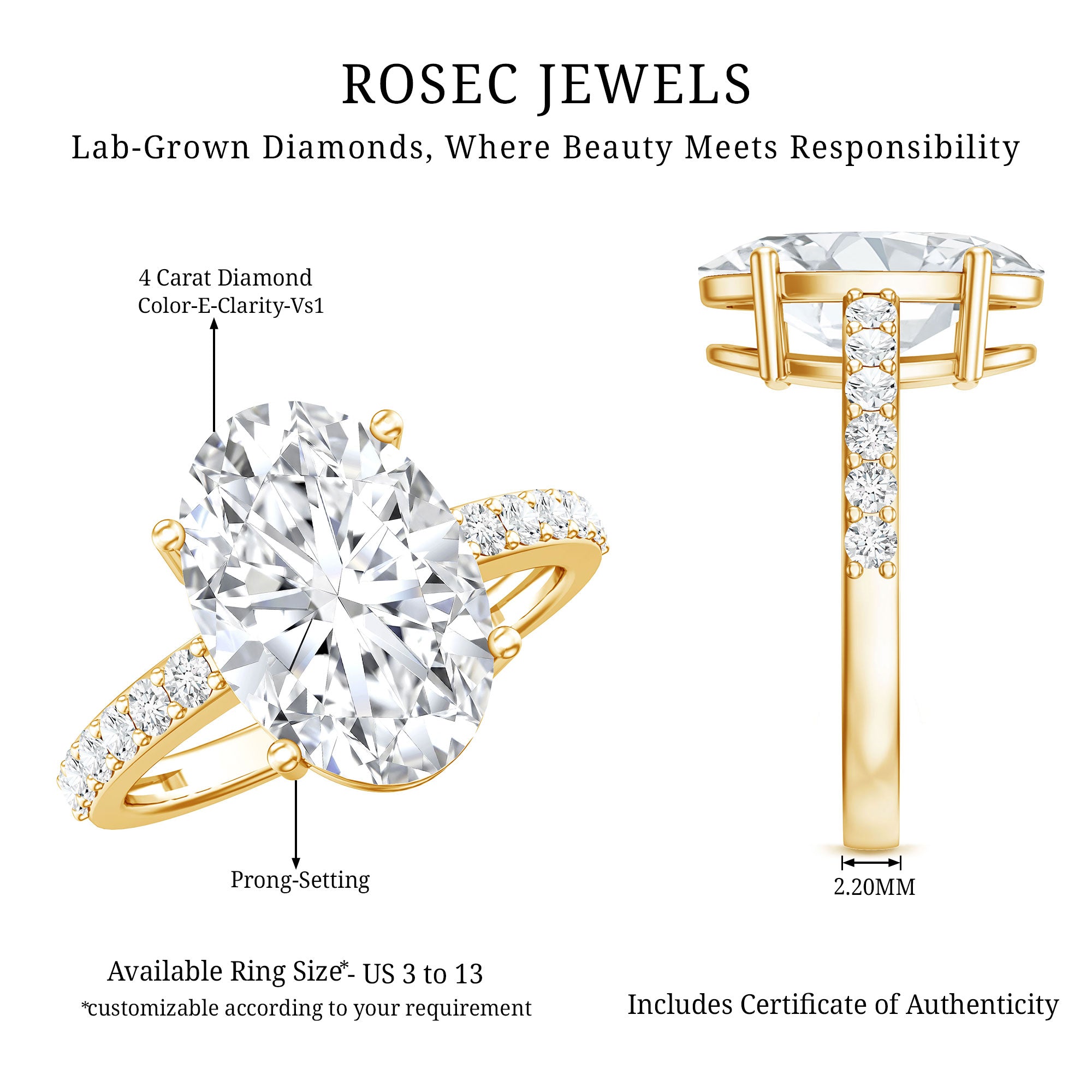 IGI Certified 4 Carat Oval Lab Grown Diamond Huge Engagement Ring Lab - ( E-VS1 ) - Rosec Jewels
