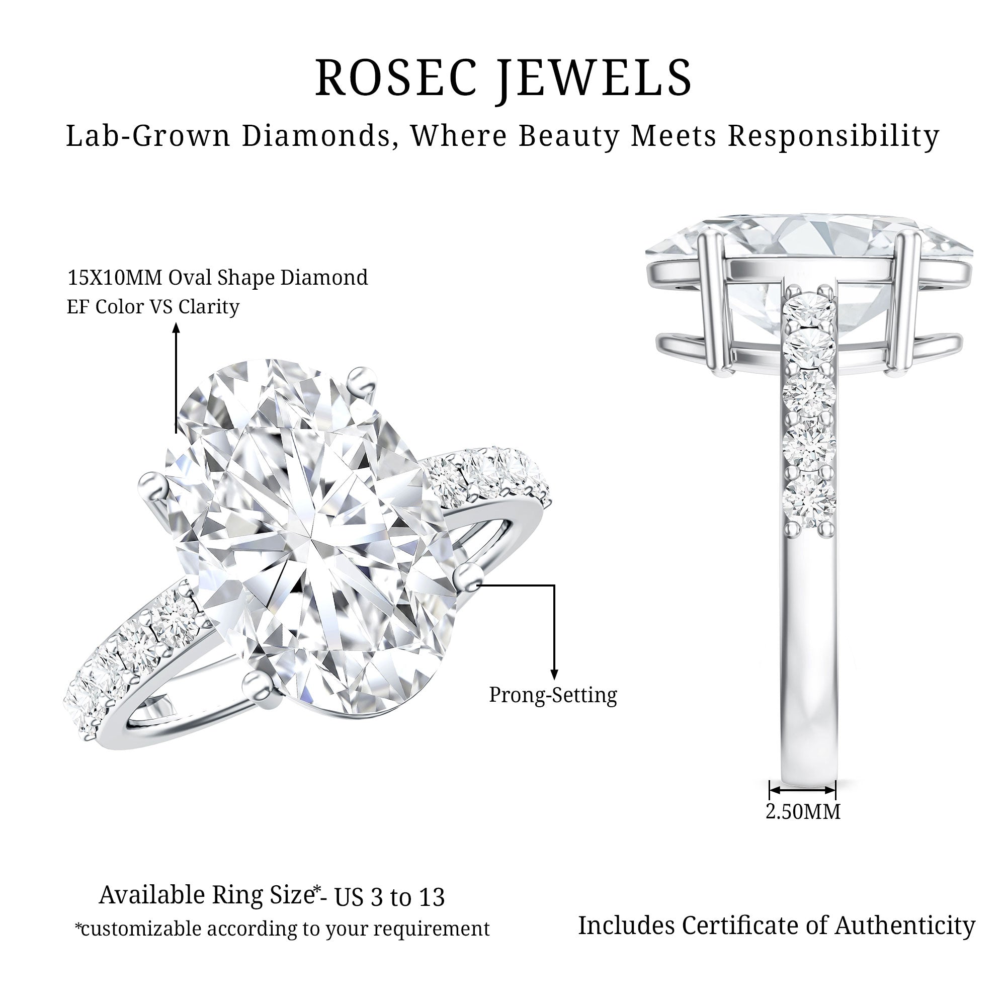 5 Carat Big Lab Grown Diamond Oval Engagement Ring with IGI Certificate Lab - ( E-VS1 ) - Rosec Jewels
