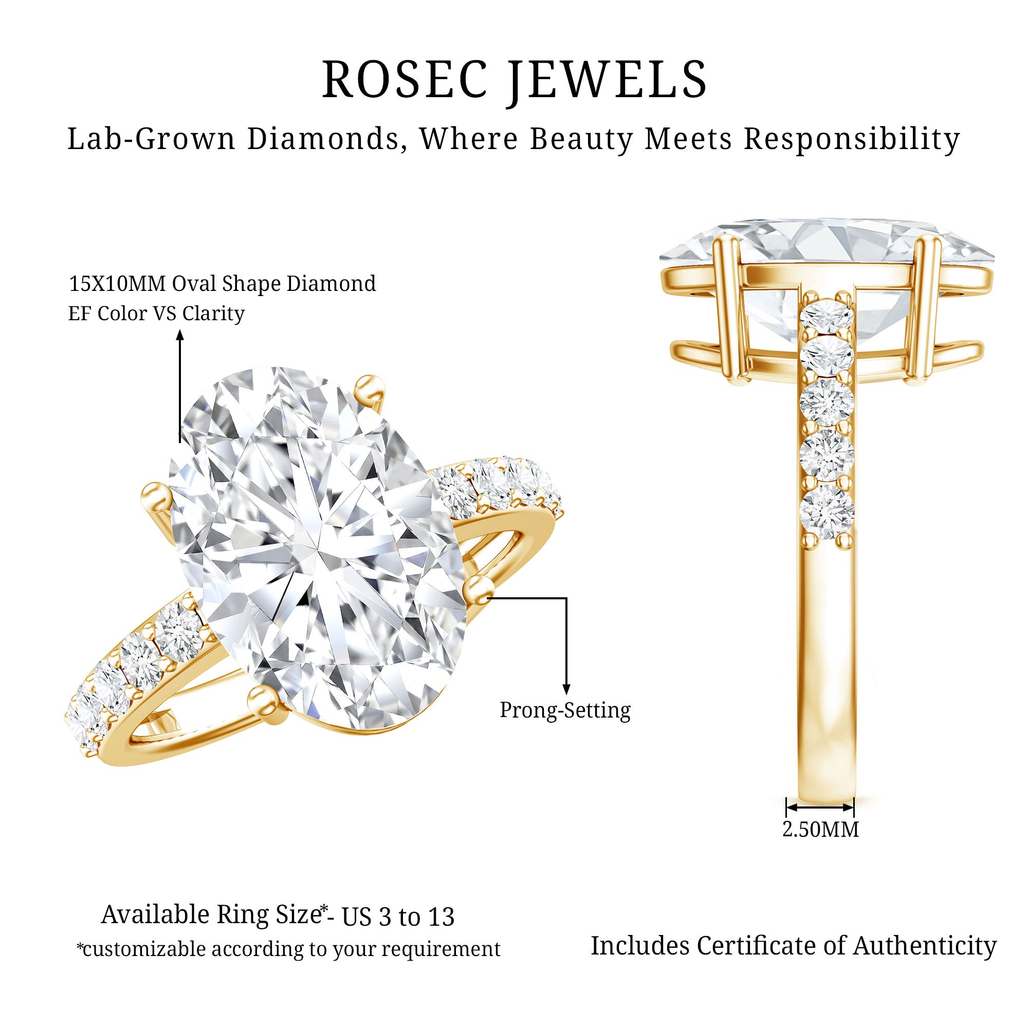 5 Carat Big Lab Grown Diamond Oval Engagement Ring with IGI Certificate Lab - ( E-VS1 ) - Rosec Jewels