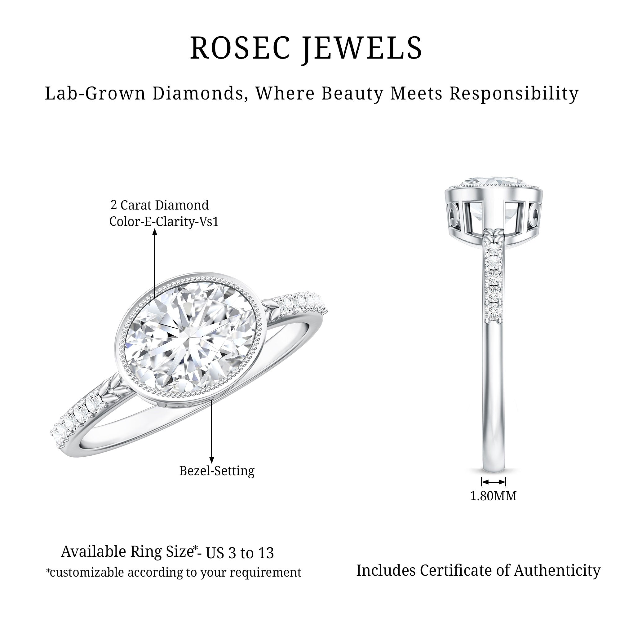 IGI Certified Lab Diamond Engagement Ring with 2 Carat Oval Lab - ( E-VS1 ) - Rosec Jewels