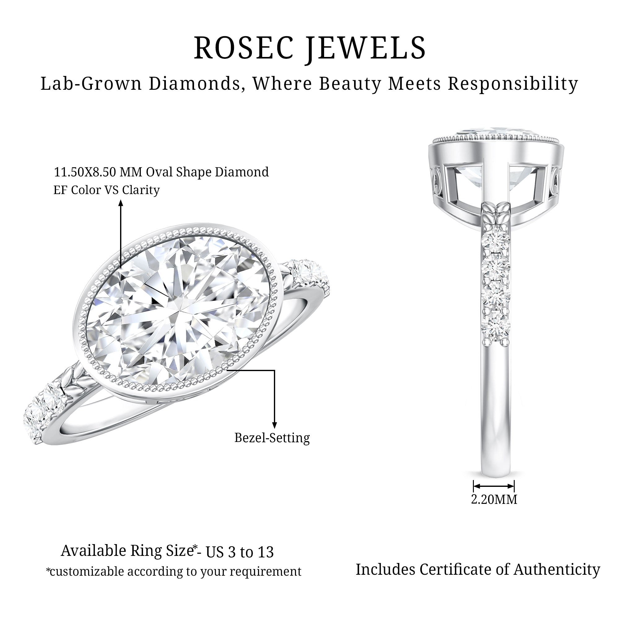 3 Carat Big Lab Grown Diamond Bezel Set Engagement Ring with IGI Certificate Lab - ( E-VS1 ) - Rosec Jewels