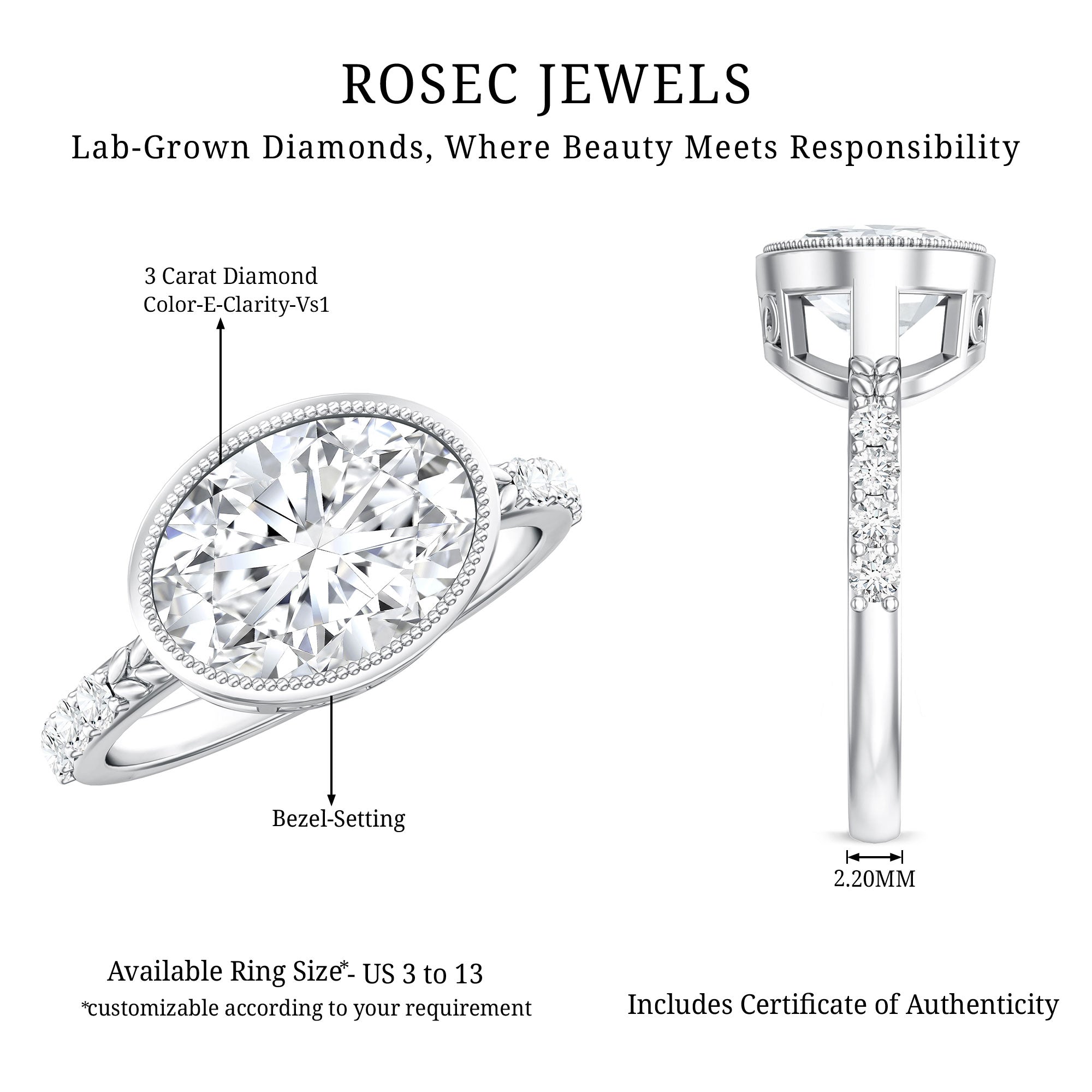 3 Carat Big Lab Grown Diamond Bezel Set Engagement Ring with IGI Certificate Lab - ( E-VS1 ) - Rosec Jewels