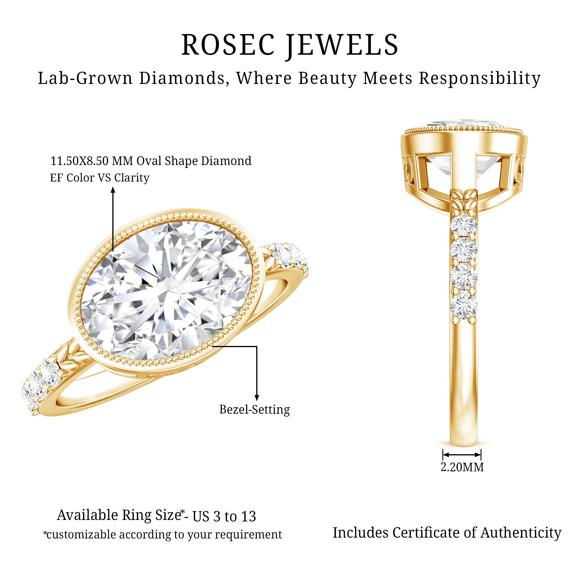 3 Carat Big Lab Grown Diamond Bezel Set Engagement Ring with IGI Certificate Lab - ( E-VS1 ) - Rosec Jewels