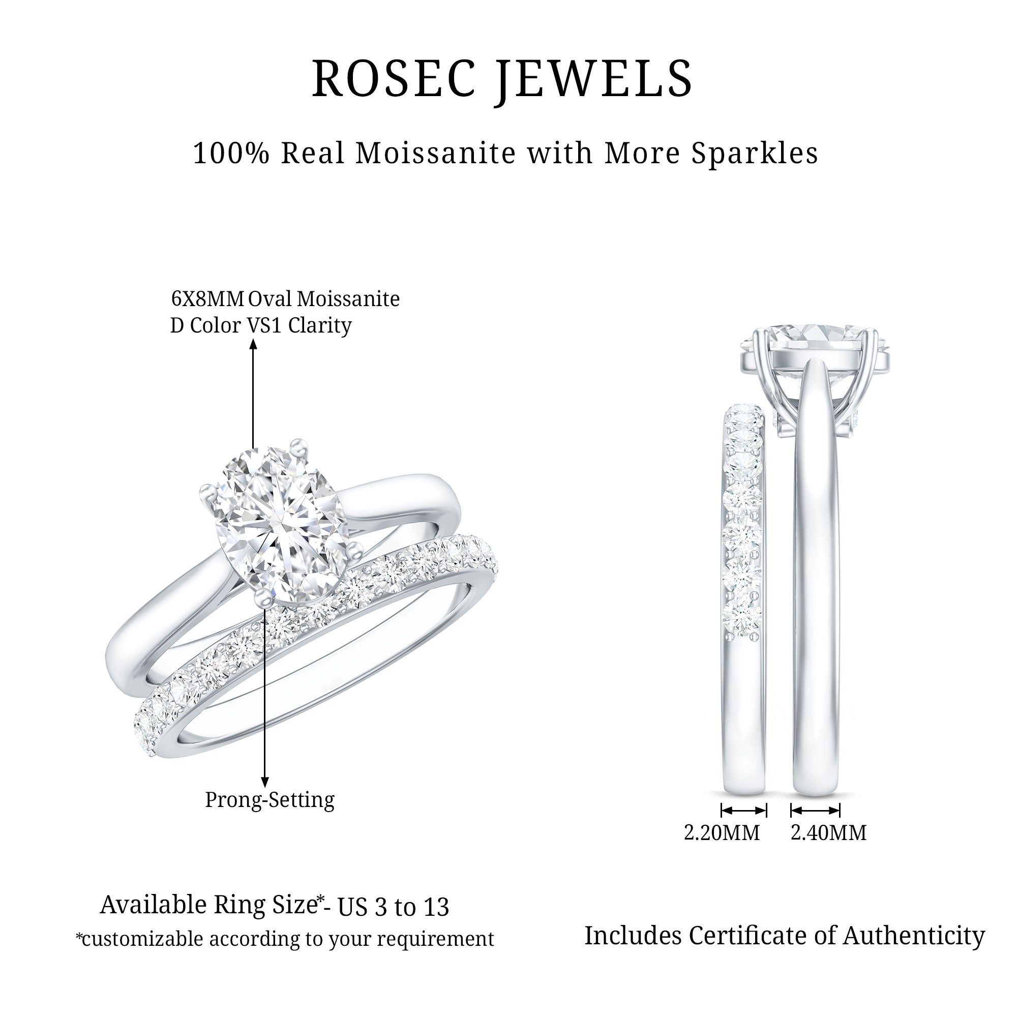 IGI Certified Lab Grown Diamond Oval Engagement Ring with Wedding Band Lab - ( E-VS1 ) - Rosec Jewels
