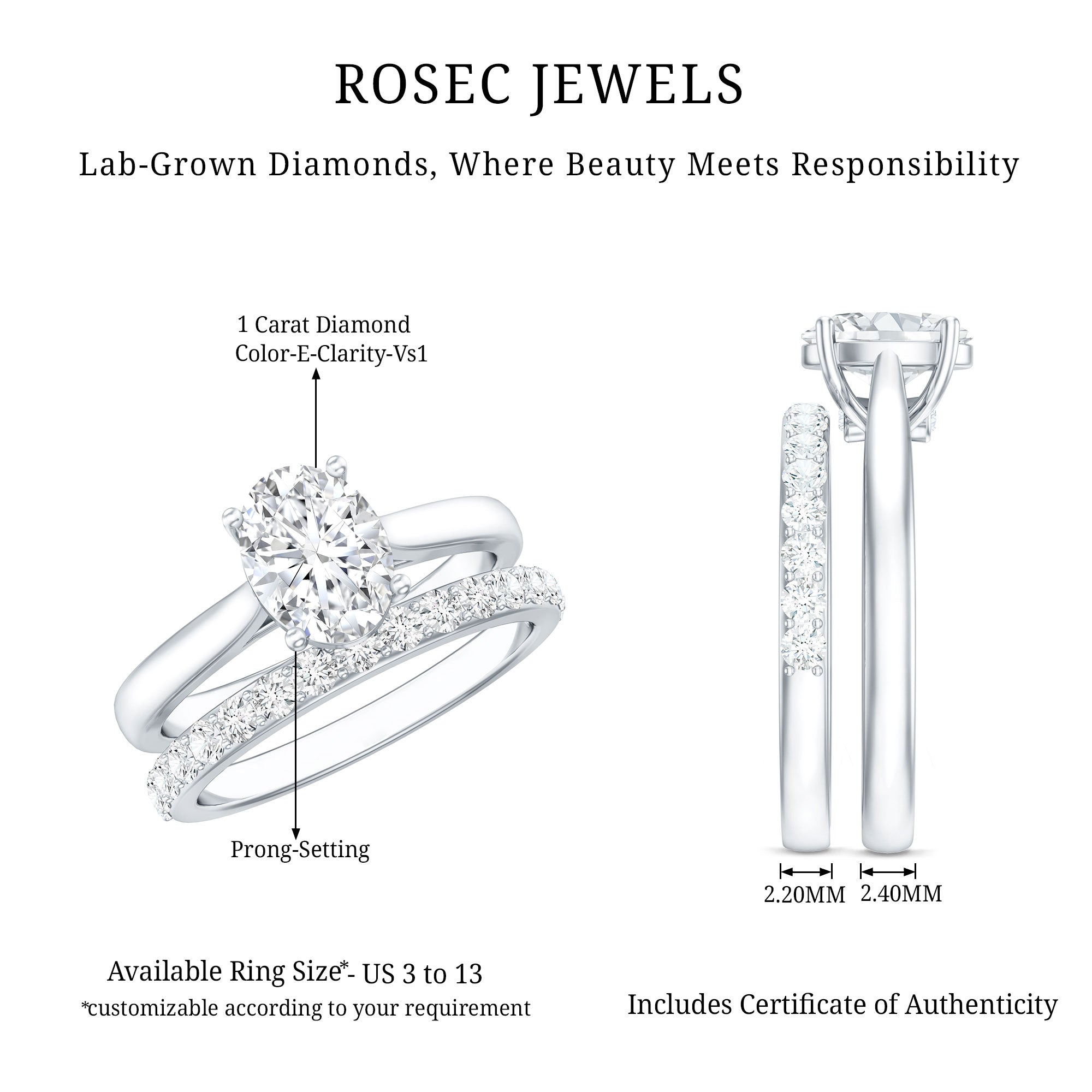 IGI Certified Lab Grown Diamond Oval Engagement Ring with Wedding Band Lab - ( E-VS1 ) - Rosec Jewels