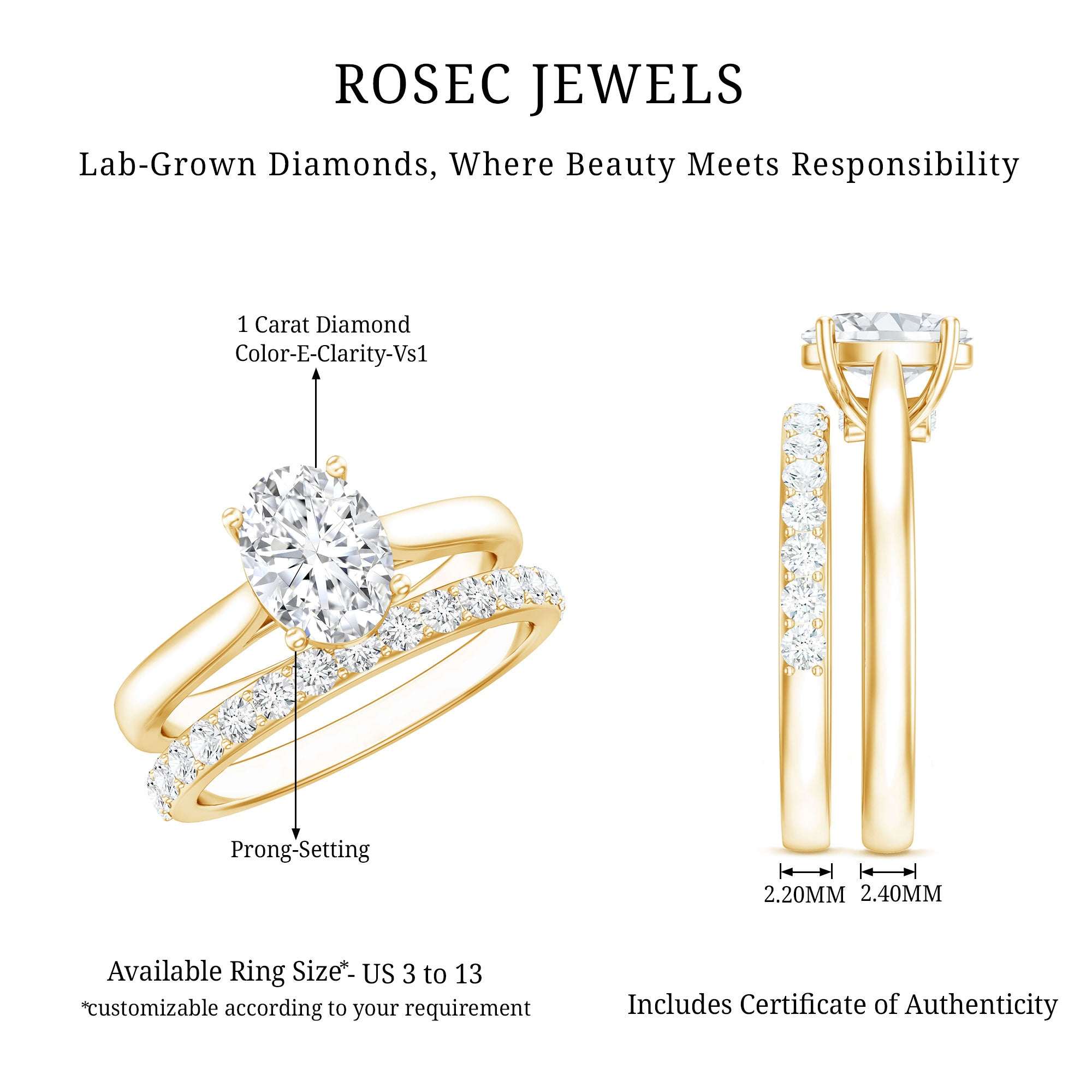 IGI Certified Lab Grown Diamond Oval Engagement Ring with Wedding Band Lab - ( E-VS1 ) - Rosec Jewels