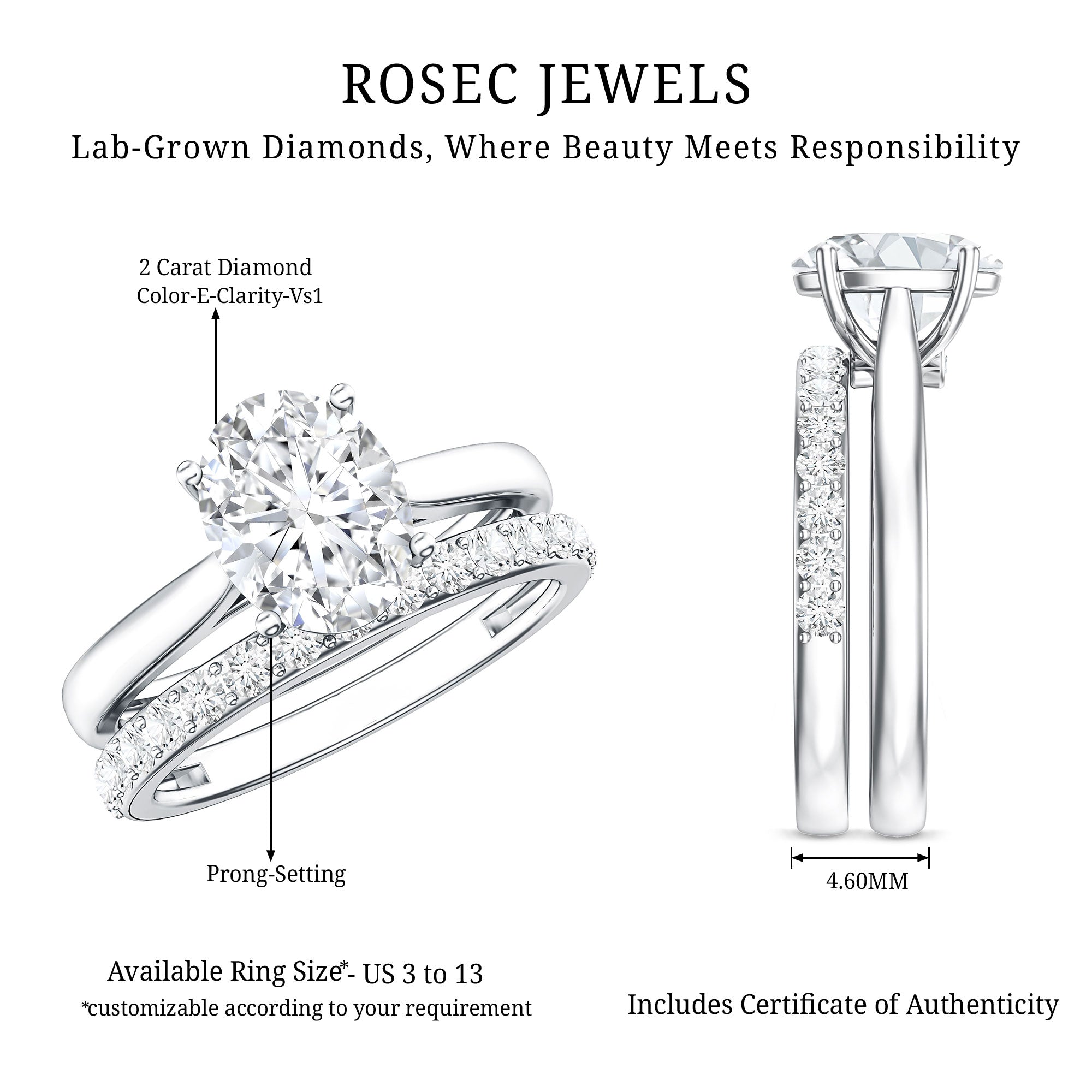 IGI Certified 2 Carat Oval Lab Grown Diamond Bridal Ring Set of 2 Lab - ( E-VS1 ) - Rosec Jewels