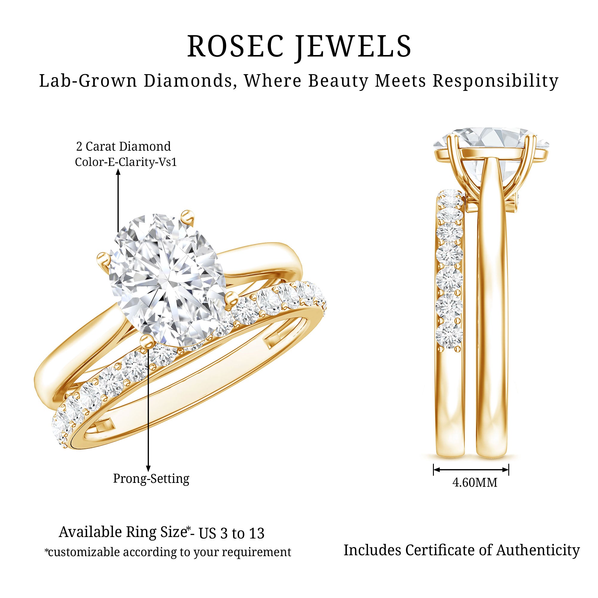 IGI Certified 2 Carat Oval Lab Grown Diamond Bridal Ring Set of 2 Lab - ( E-VS1 ) - Rosec Jewels
