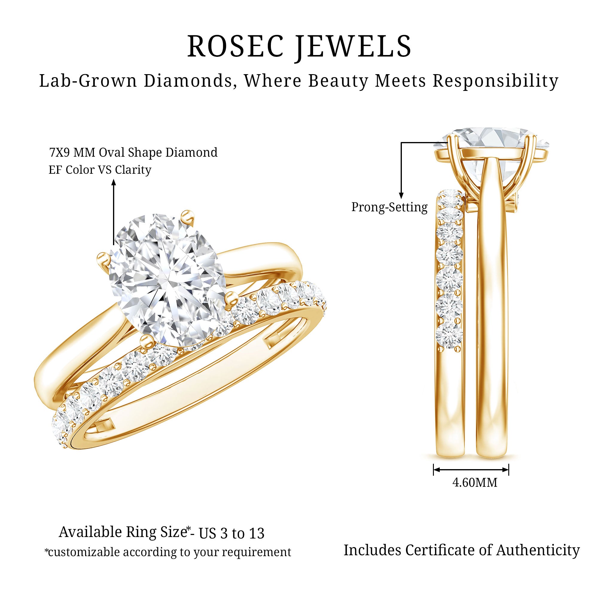 IGI Certified 2 Carat Oval Lab Grown Diamond Bridal Ring Set of 2 Lab - ( EF-VS ) - Rosec Jewels