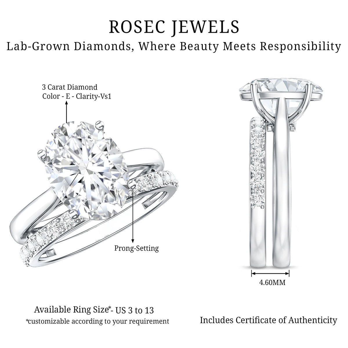 Oval Shaped 3 Carat Lab Grown Diamond Solitaire Bridal Ring Set with IGI Certificate Lab - ( E-VS1 ) - Rosec Jewels