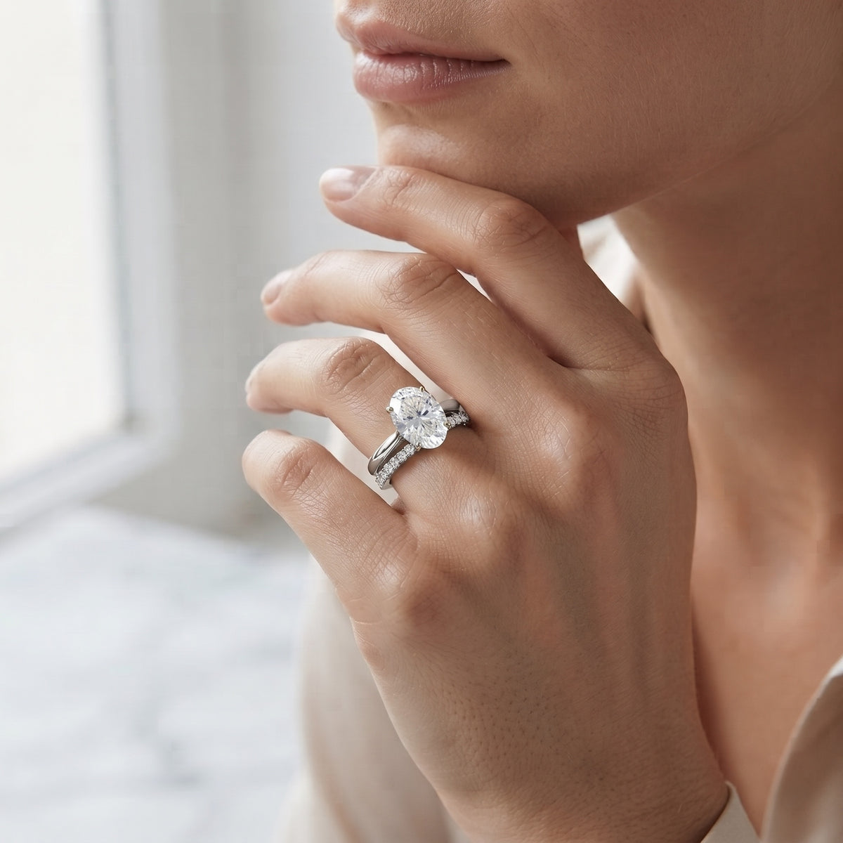 Oval Shaped 3 Carat Lab Grown Diamond Solitaire Bridal Ring Set with IGI Certificate Lab - ( E-VS1 ) - Rosec Jewels