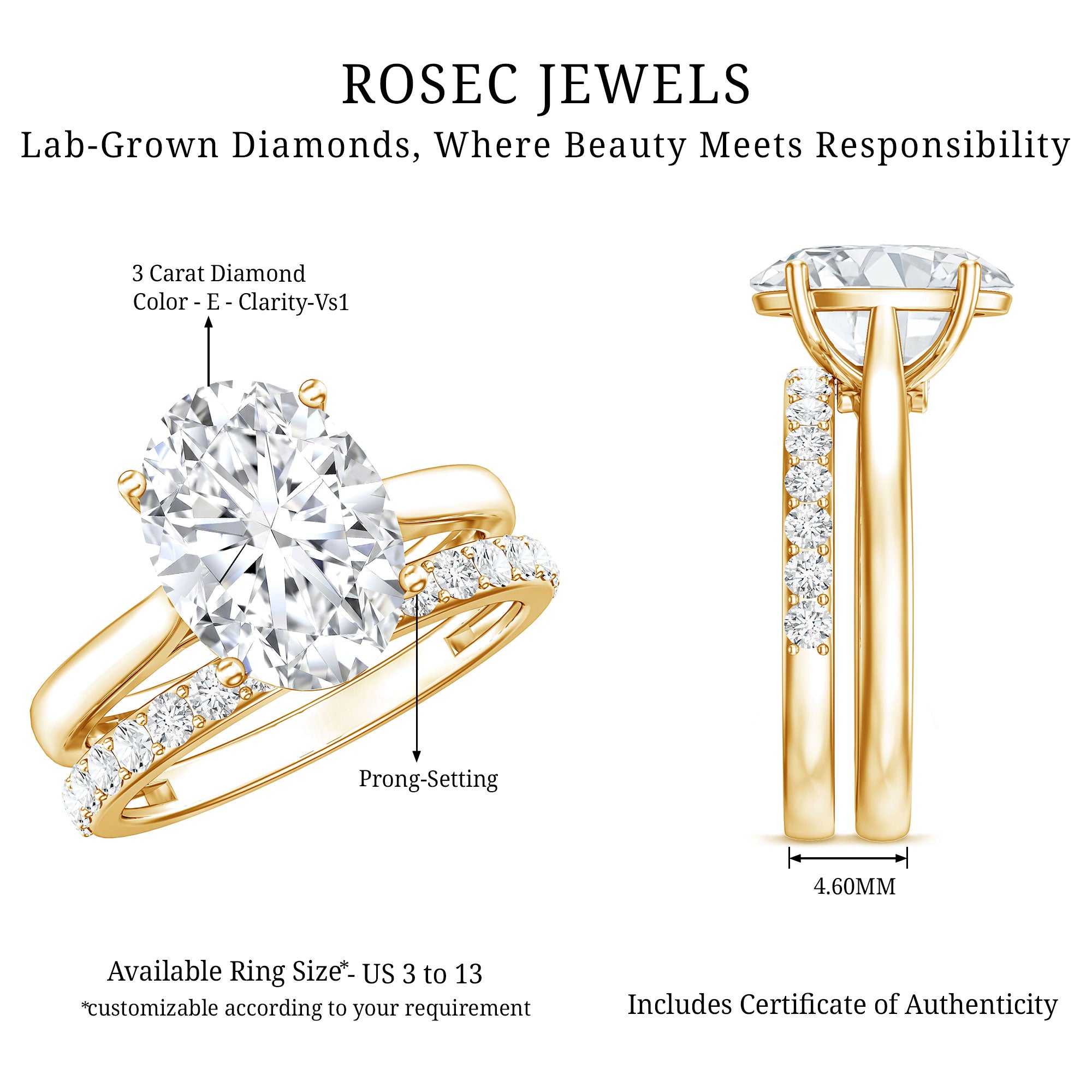 Oval Shaped 3 Carat Lab Grown Diamond Solitaire Bridal Ring Set with IGI Certificate Lab - ( E-VS1 ) - Rosec Jewels