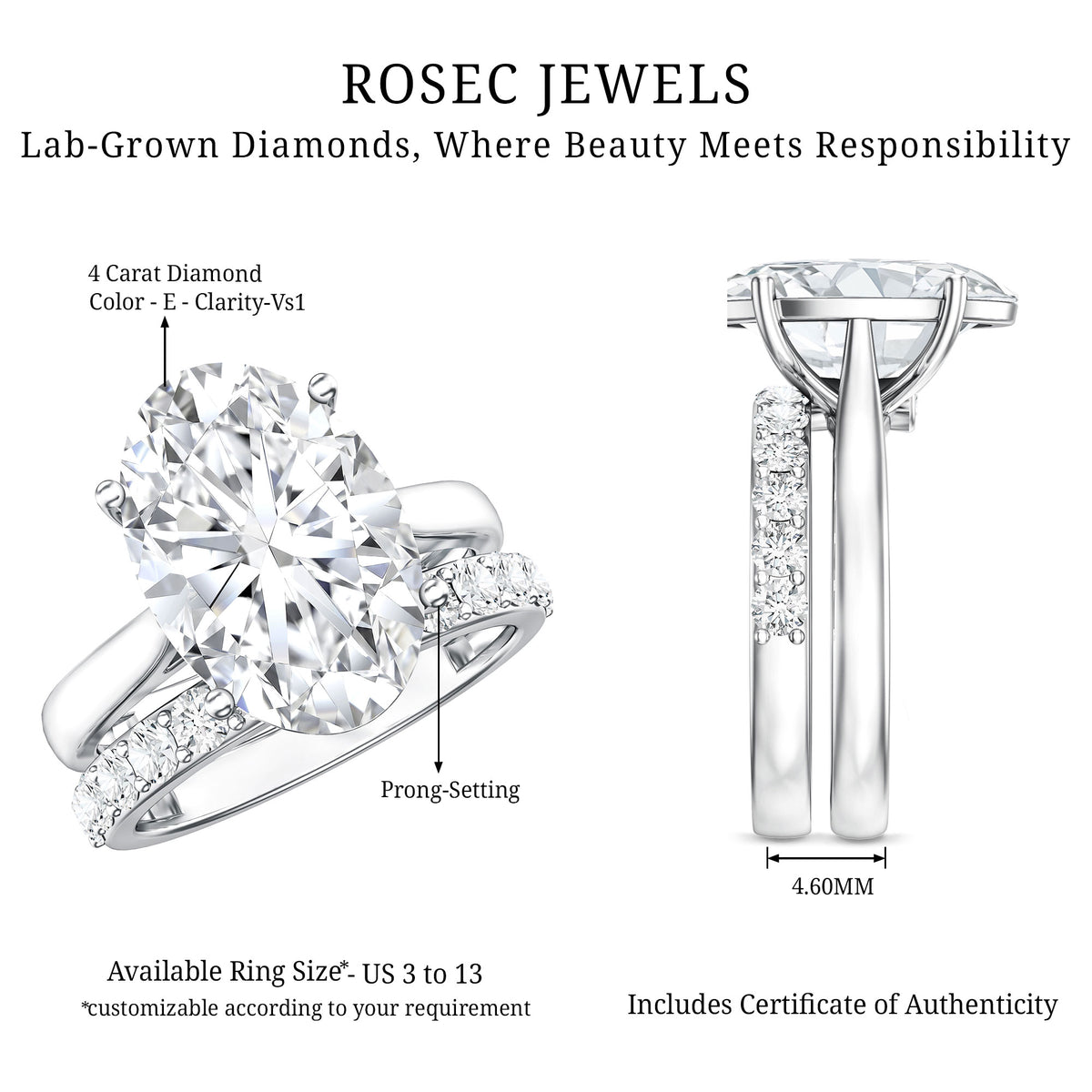 IGI Certified 4 Carat Lab Grown Diamond Oval Wedding Ring Set for Women Lab - ( E-VS1 ) - Rosec Jewels