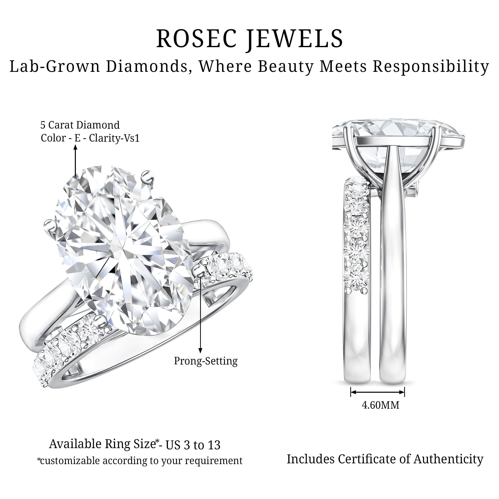 IGI Certified 5 Carat Huge Lab Grown Diamond Oval Engagement Ring with Wedding Band Lab - ( E-VS1 ) - Rosec Jewels