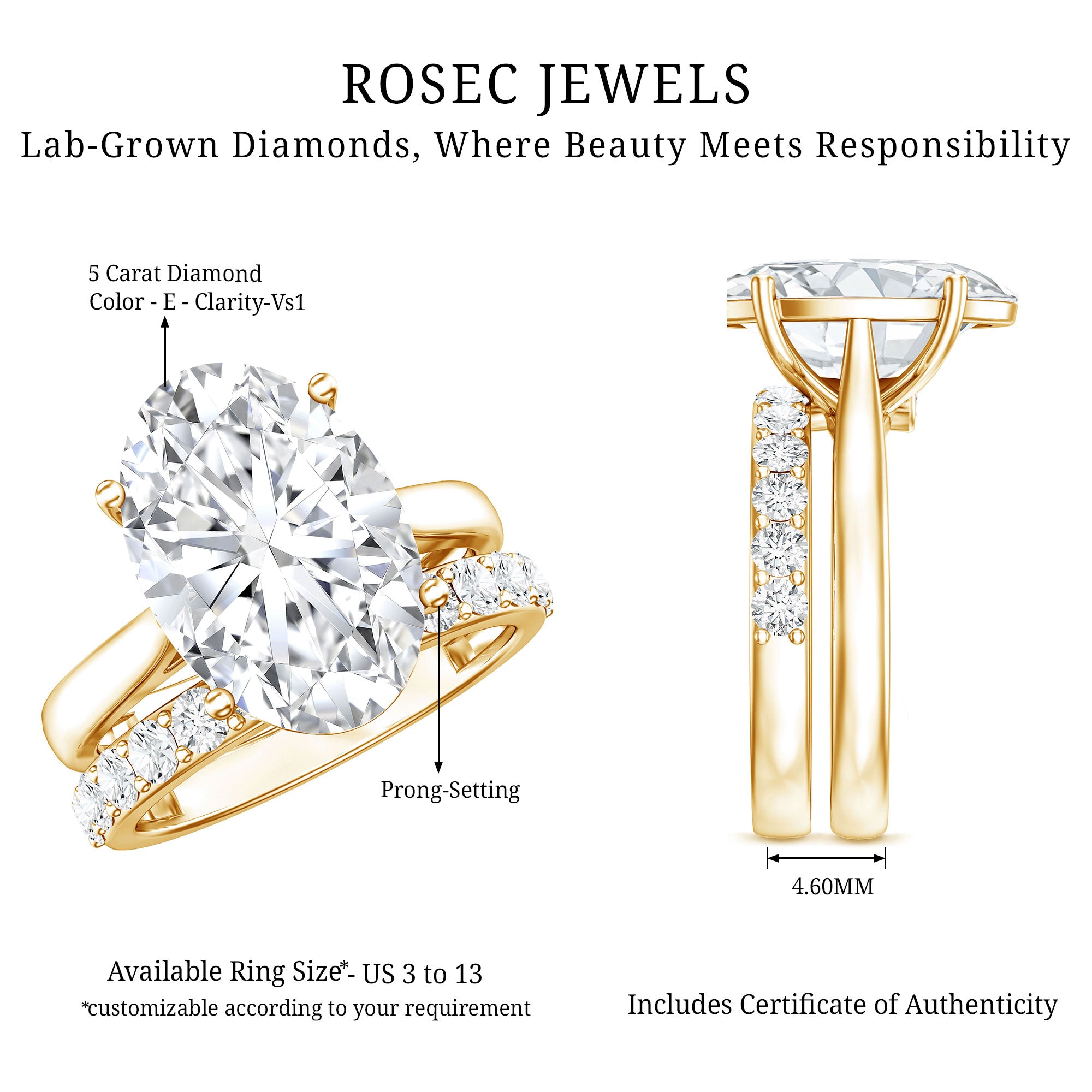 IGI Certified 5 Carat Huge Lab Grown Diamond Oval Engagement Ring with Wedding Band Lab - ( E-VS1 ) - Rosec Jewels