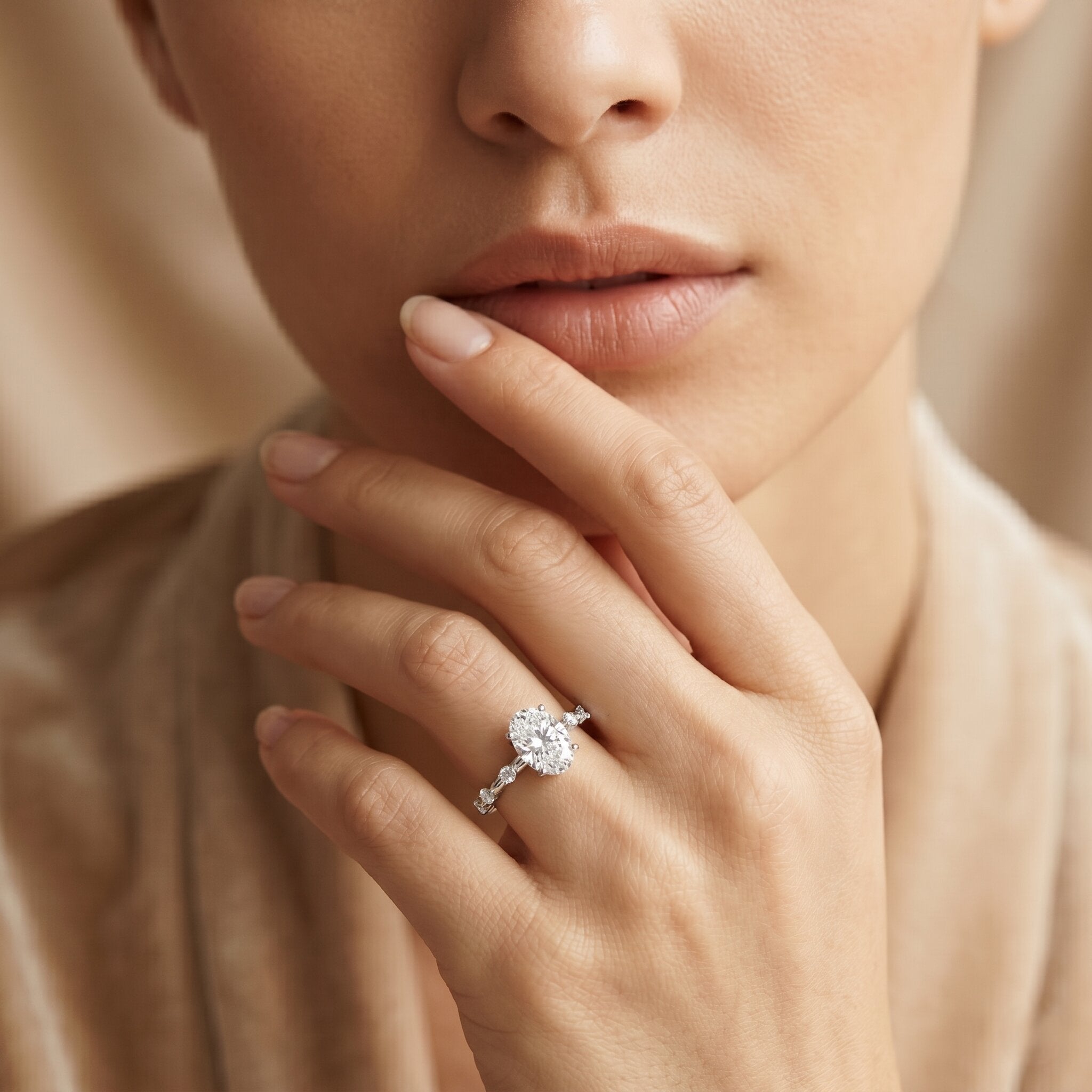 IGI Certified 2 Carat Lab Grown Diamond Oval Engagement Ring with Spaced Accent Lab - ( E-VS1 ) - Rosec Jewels