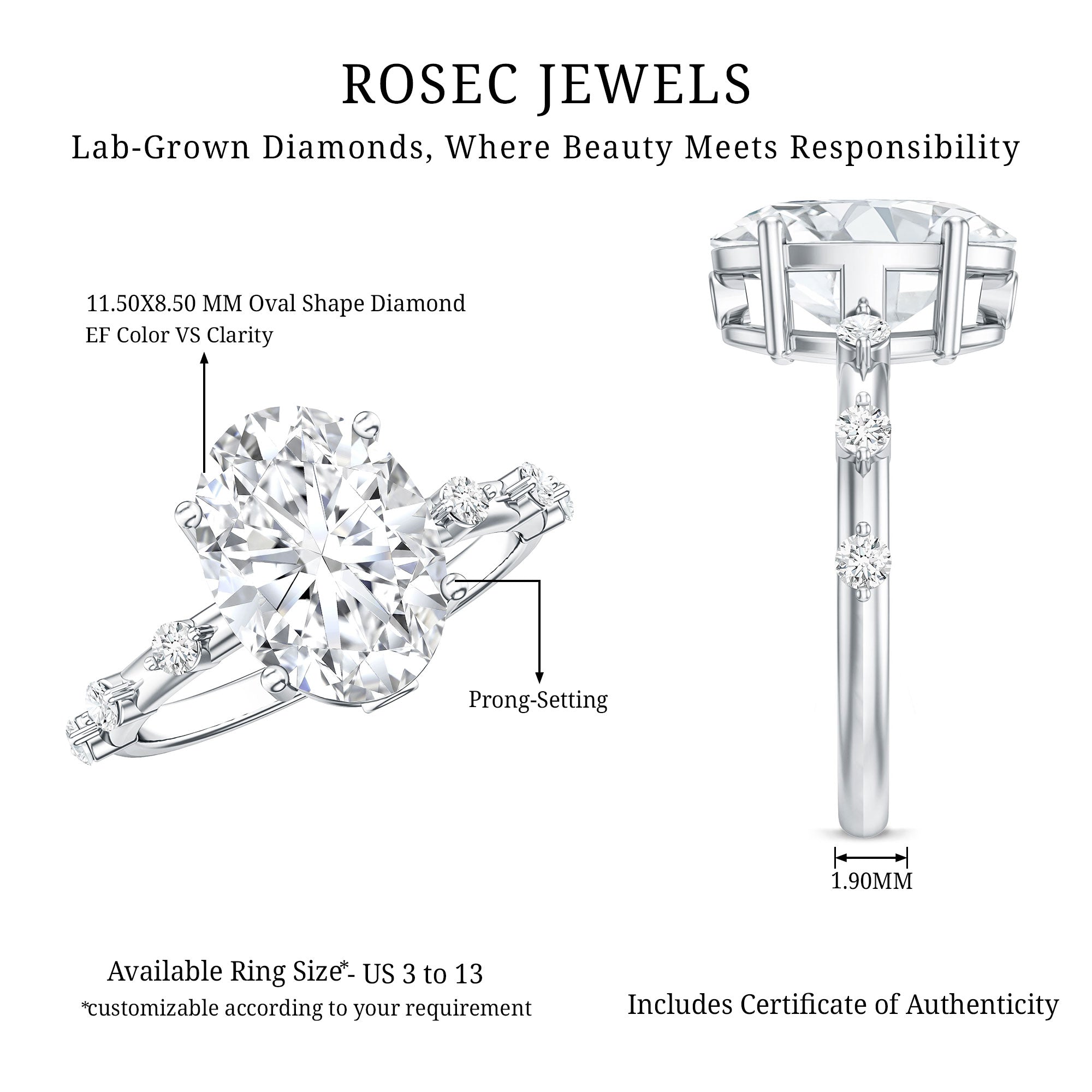 3 Carat Oval Lab Grown Diamond Solitaire Engagement Ring with IGI Certificate Lab - ( E-VS1 ) - Rosec Jewels