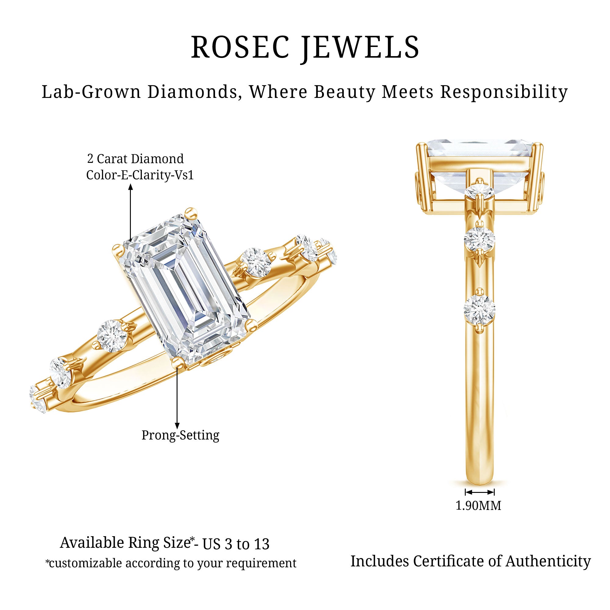 Emerald Cut 2 Carat Lab Grown Diamond Engagement Ring IGI Certified Lab - ( E-VS1 ) - Rosec Jewels