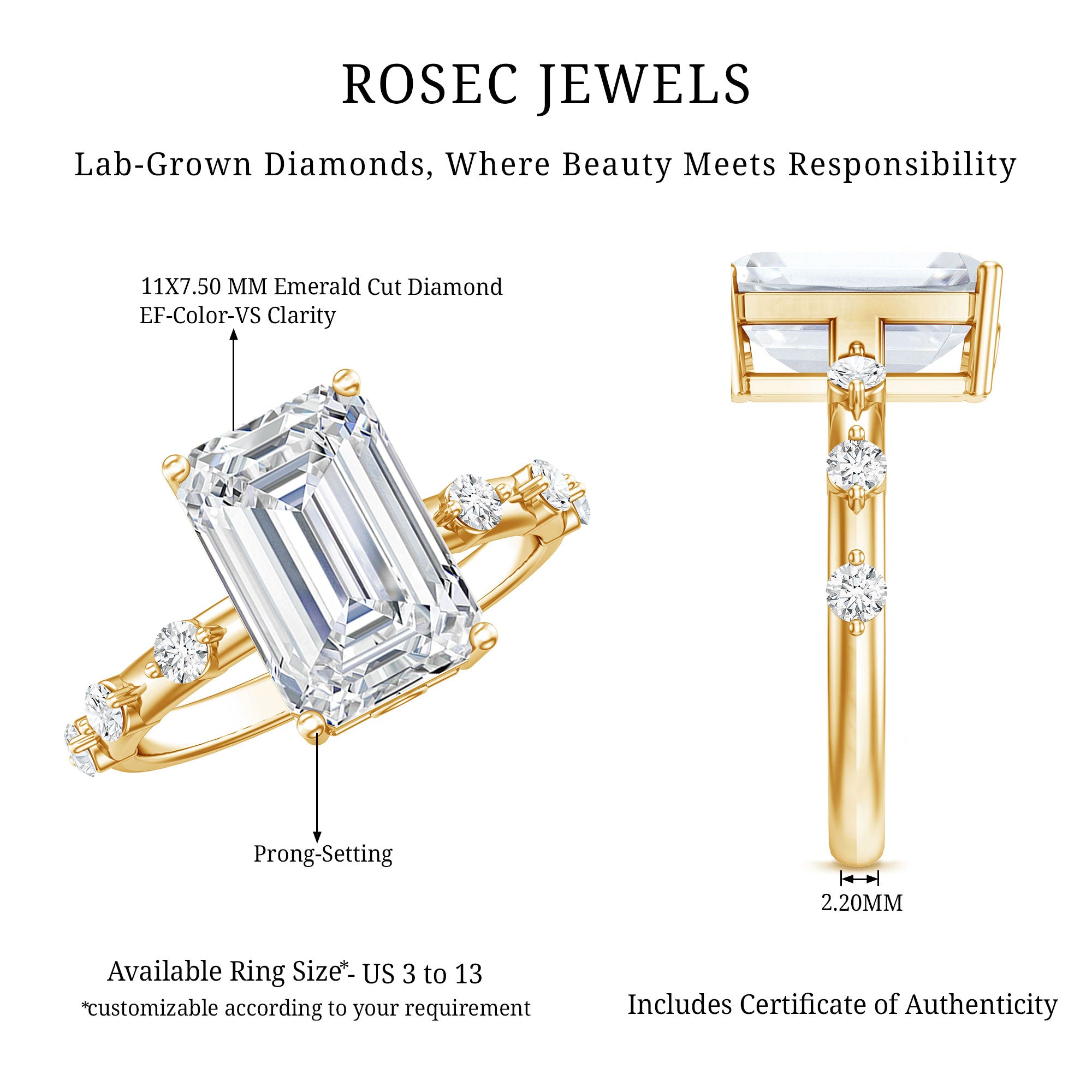 IGI Certified 3 Carat Emerald Cut Lab Grown Diamond Engagement Ring Lab - ( E-VS1 ) - Rosec Jewels