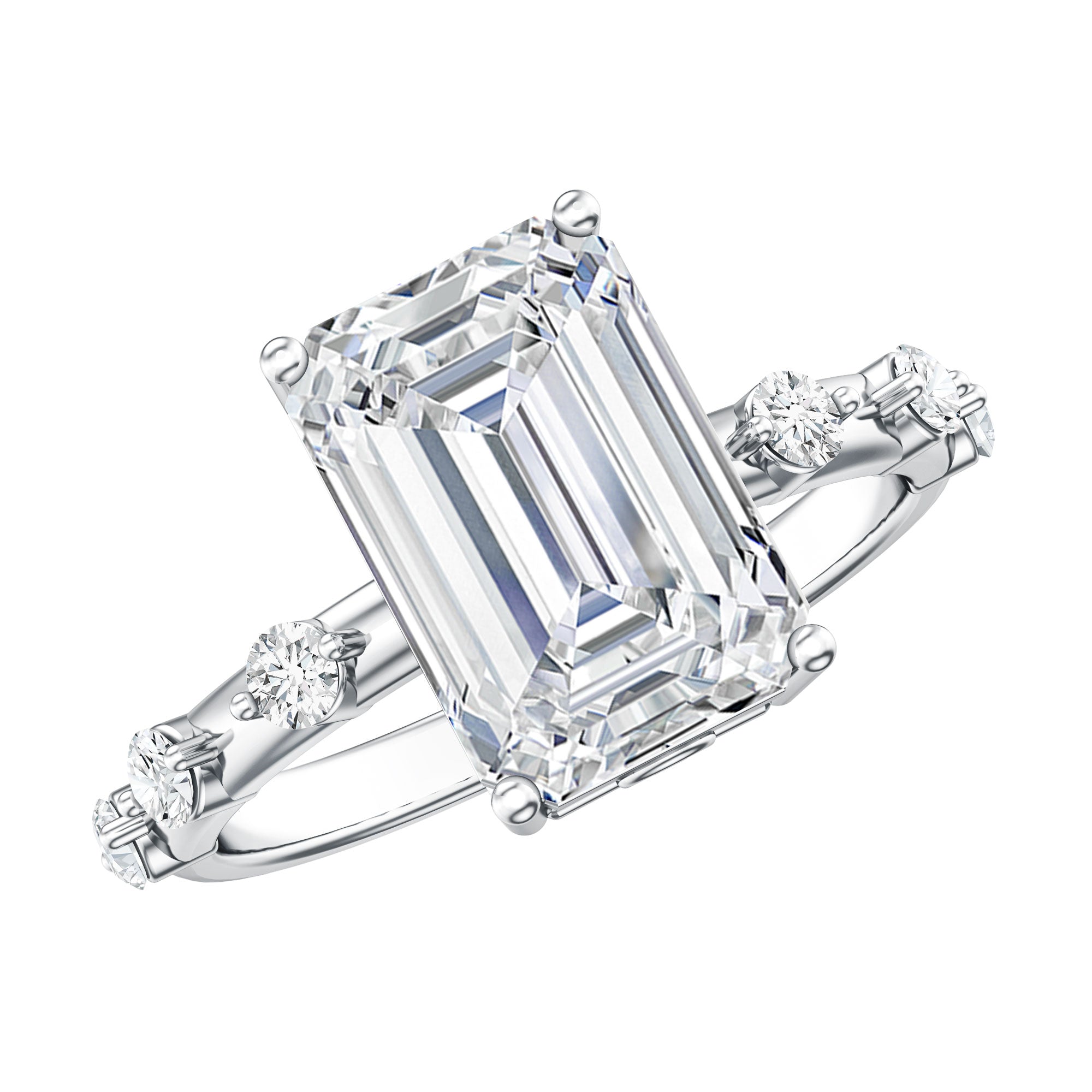 IGI Certified 4 Carat Lab Grown Emerald Cut Diamond Engagement Ring with Spaced Accent Lab - ( E-VS1 ) - Rosec Jewels