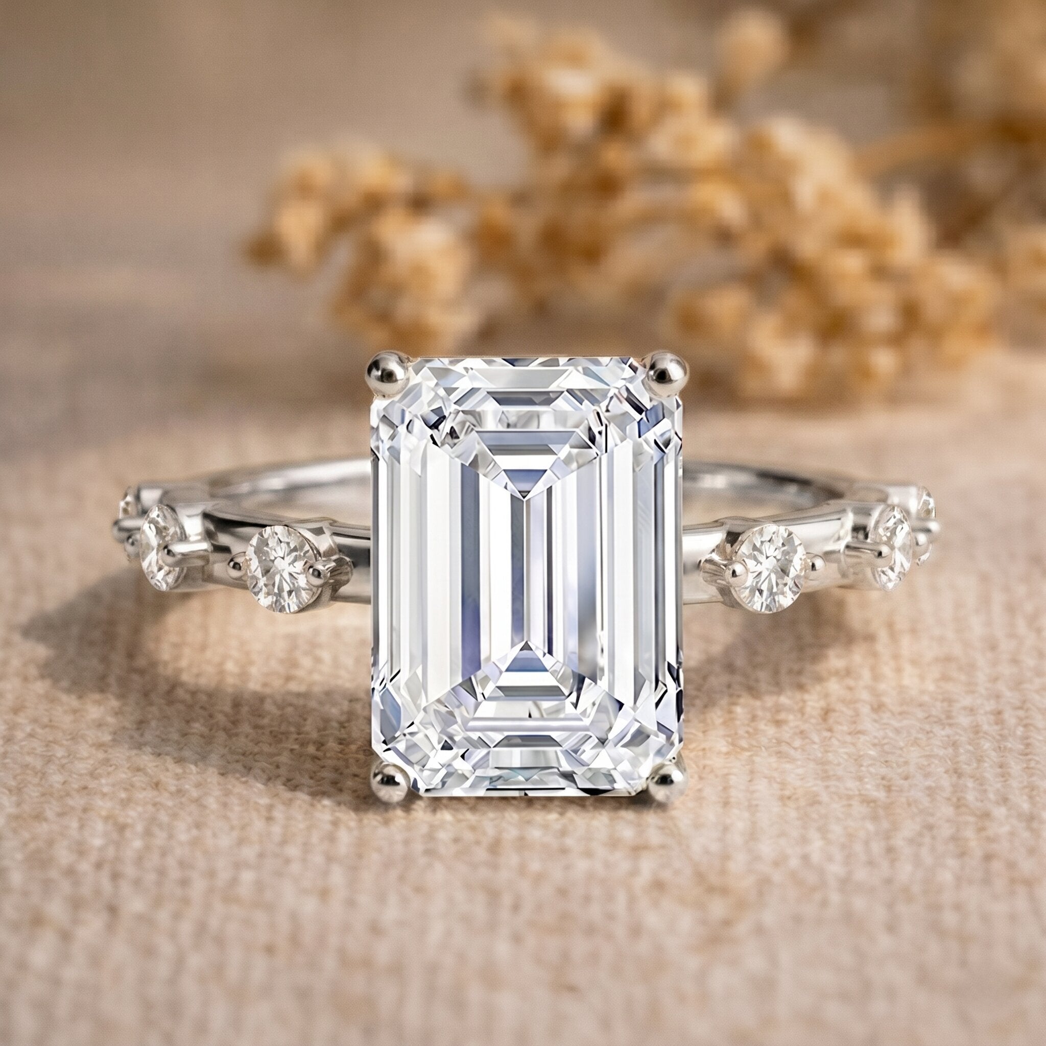 IGI Certified 4 Carat Lab Grown Emerald Cut Diamond Engagement Ring with Spaced Accent Lab - ( E-VS1 ) - Rosec Jewels