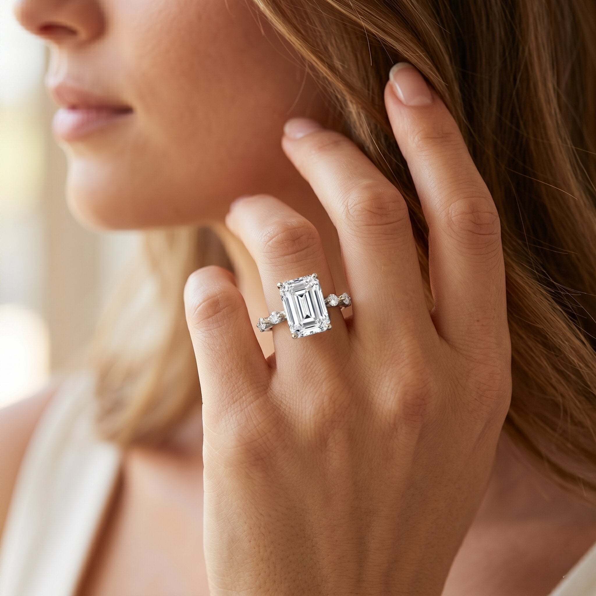 IGI Certified 4 Carat Lab Grown Emerald Cut Diamond Engagement Ring with Spaced Accent Lab - ( E-VS1 ) - Rosec Jewels