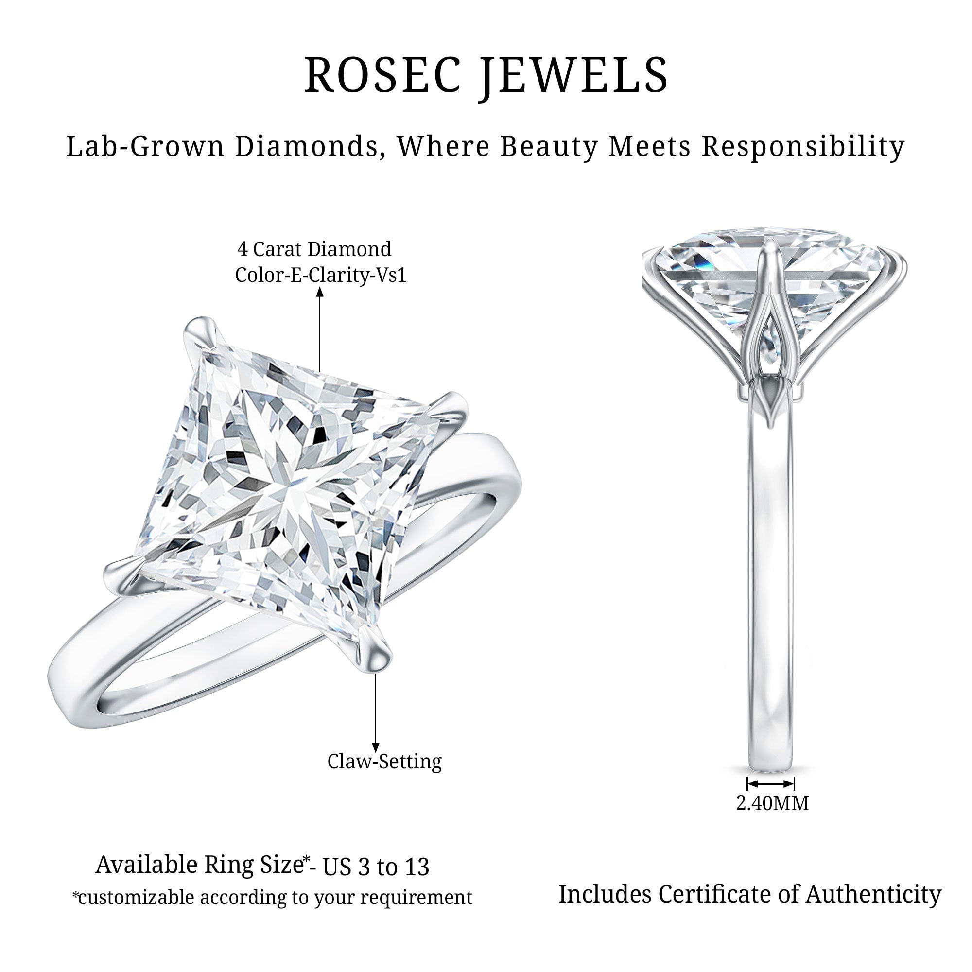 IGI Certified 4 Carat Princess Cut Lab Grown Diamond Engagement Ring Lab - ( E-VS1 ) - Rosec Jewels