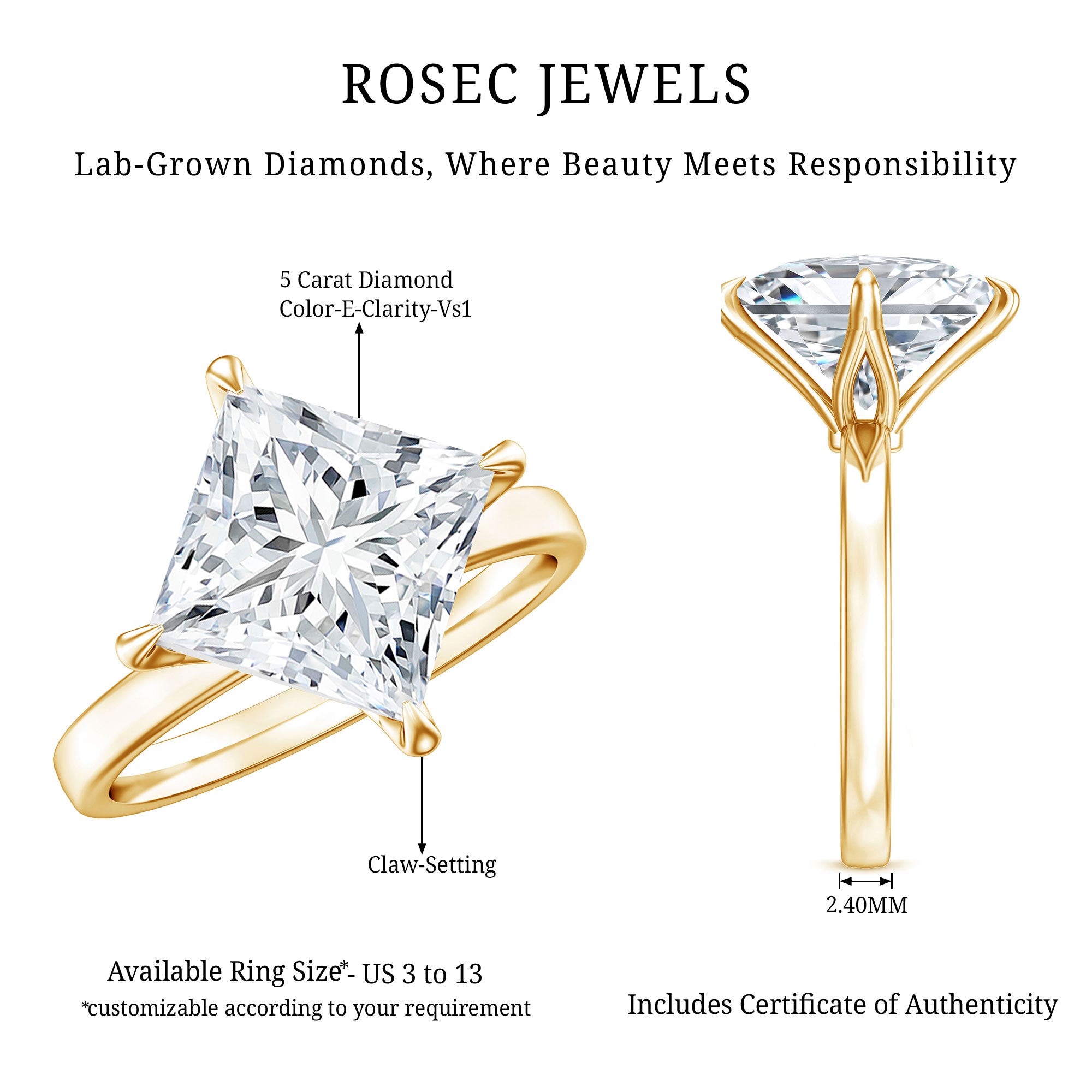Solitaire 5 Carat Princess Cut Lab Grown Diamond Huge Engagement Ring with IGI Certificate Lab - ( E-VS1 ) - Rosec Jewels